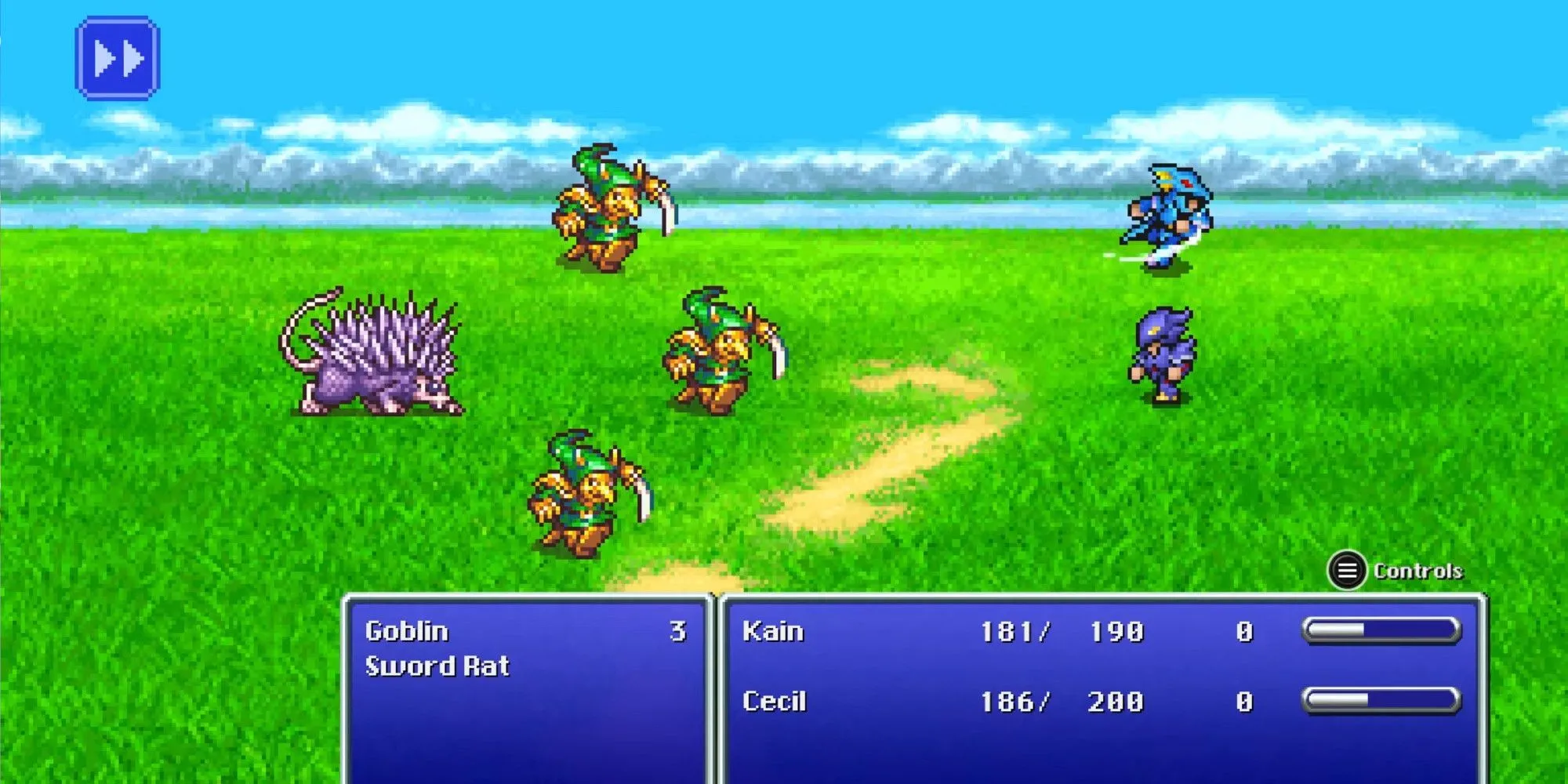 Ảnh chụp màn hình trận đấu ngẫu nhiên trong Final Fantasy IV Pixel Remaster, thể hiện phong cách đồ họa 2D pixel art được nâng cấp.