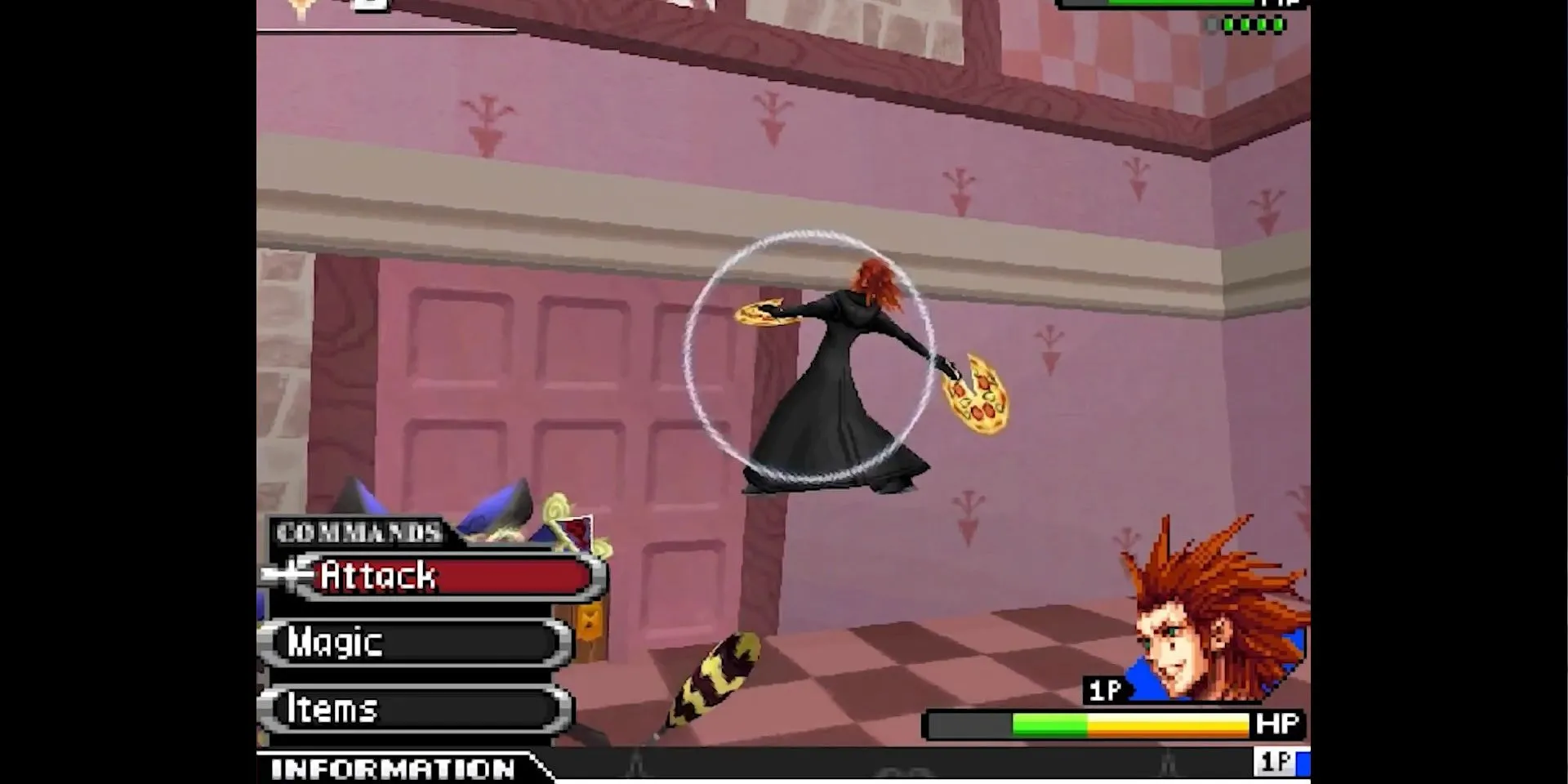 Axel dùng pizza làm vũ khí trong Kingdom Hearts 358/2 Days, một loại cosmetic hài hước