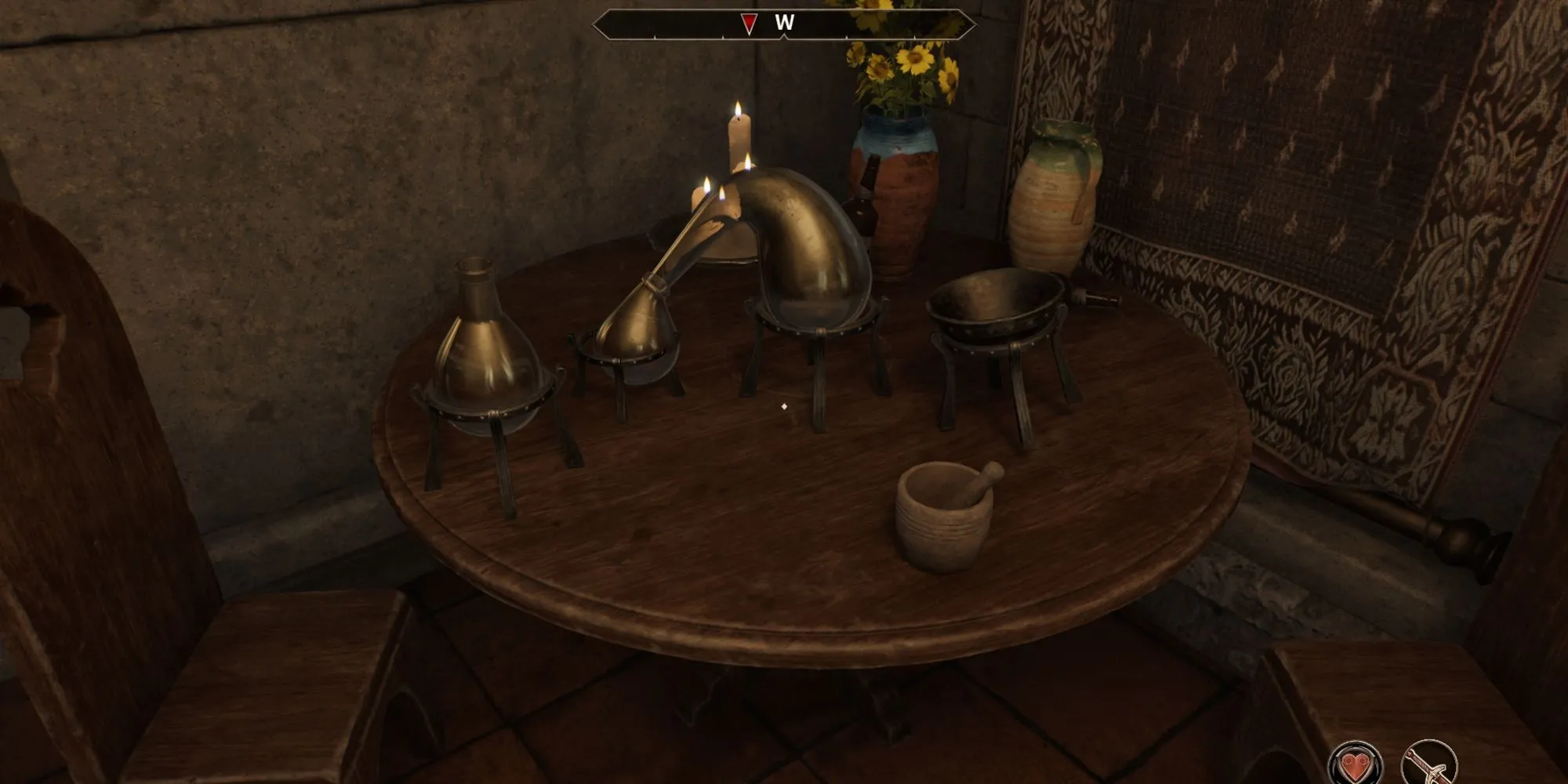 Bộ công cụ Giả Kim Thuật nâng cao: Retort, Alembic và Calcinator, đặt trên bàn trong game Oblivion Remastered.