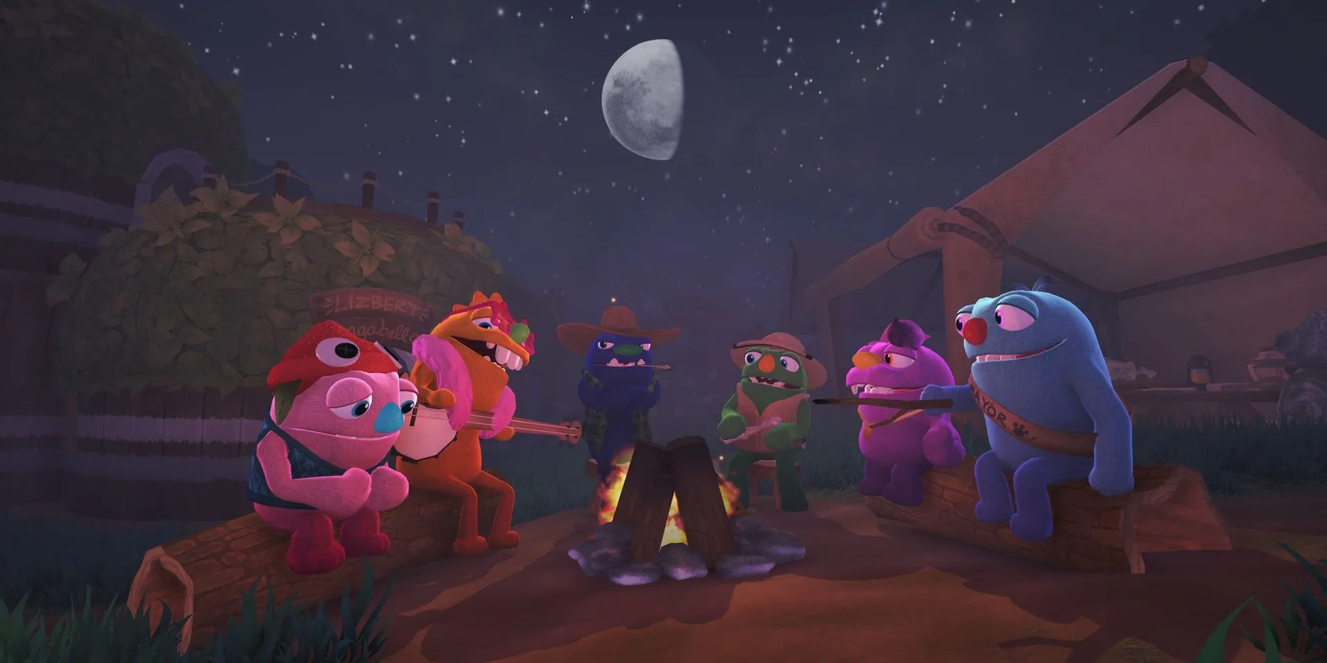 Các cư dân của Đảo Snaktooth quây quần bên lửa trại trong game Bugsnax