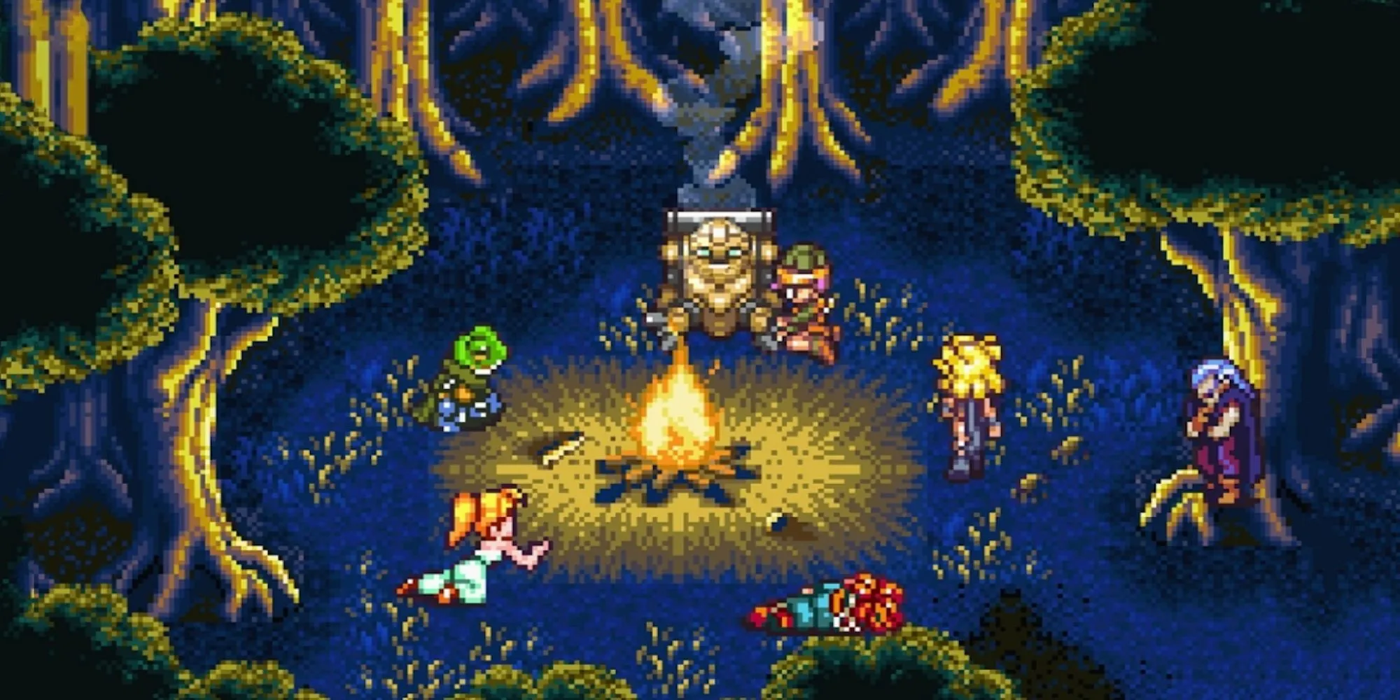 Các nhân vật chính trong Chrono Trigger quây quần bên đống lửa