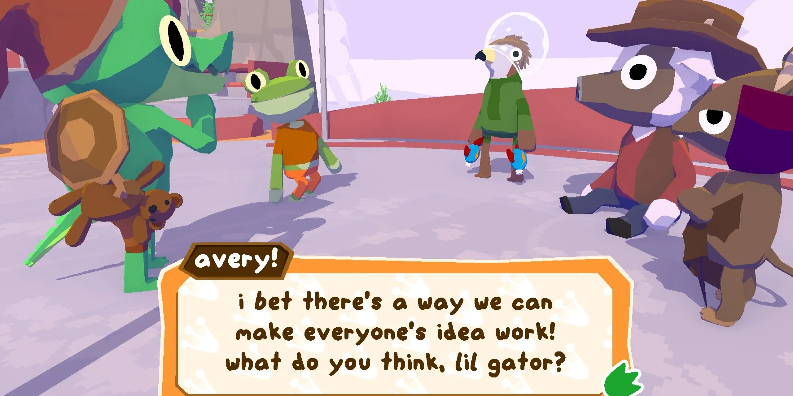 Chú cá sấu nhỏ Lil Gator cùng những người bạn đang trò chuyện trong game
