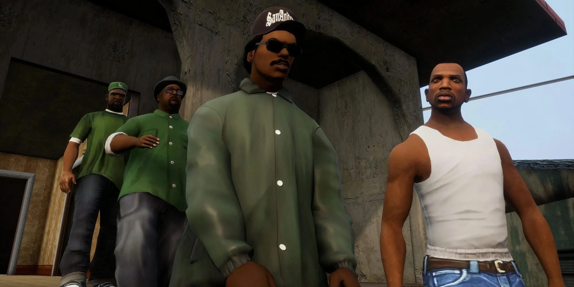 CJ và Smoke trong GTA San Andreas sau một công trình đá