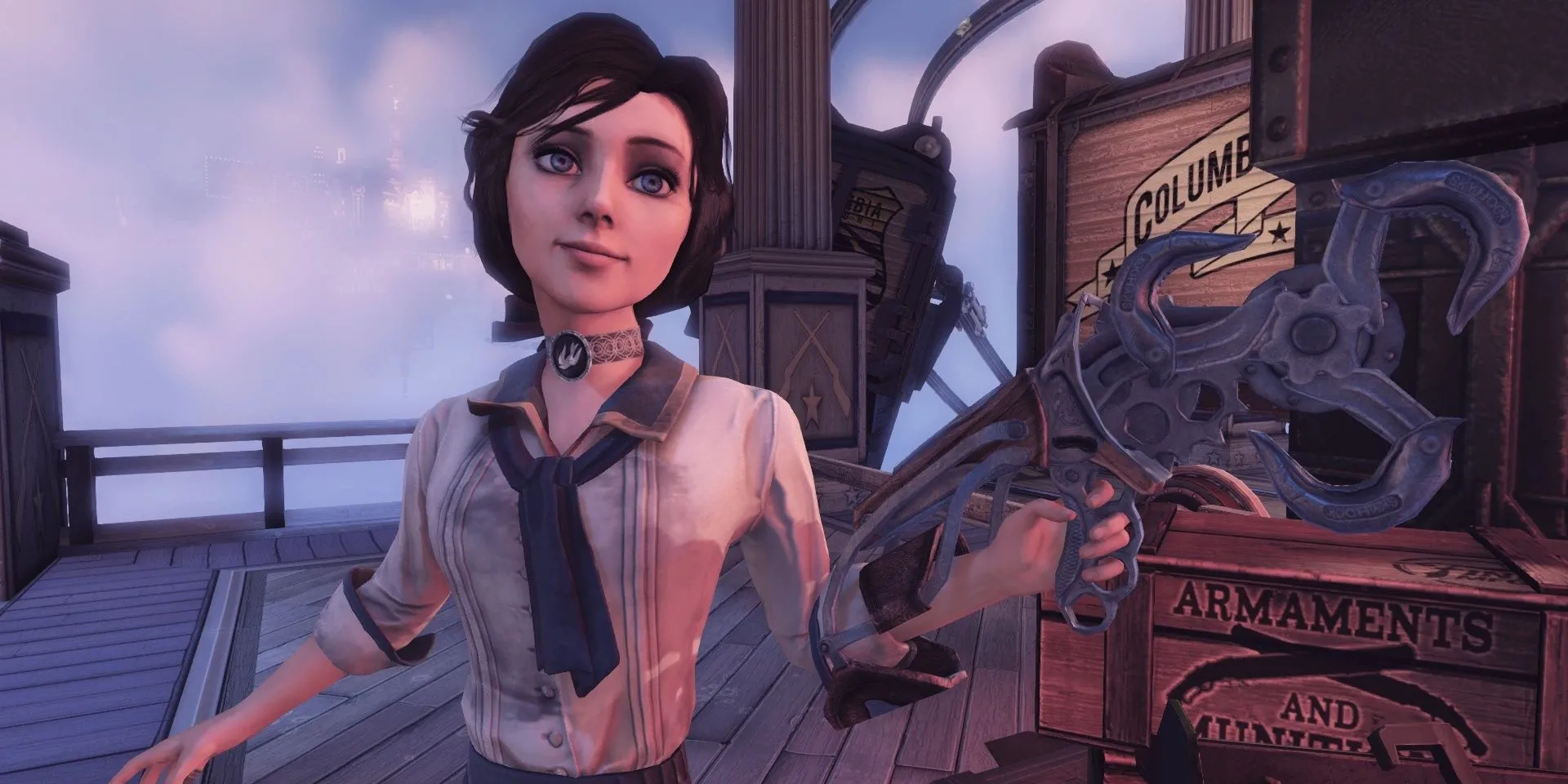 Elizabeth và Booker DeWitt khám phá thành phố trên mây Columbia trong game BioShock Infinite.