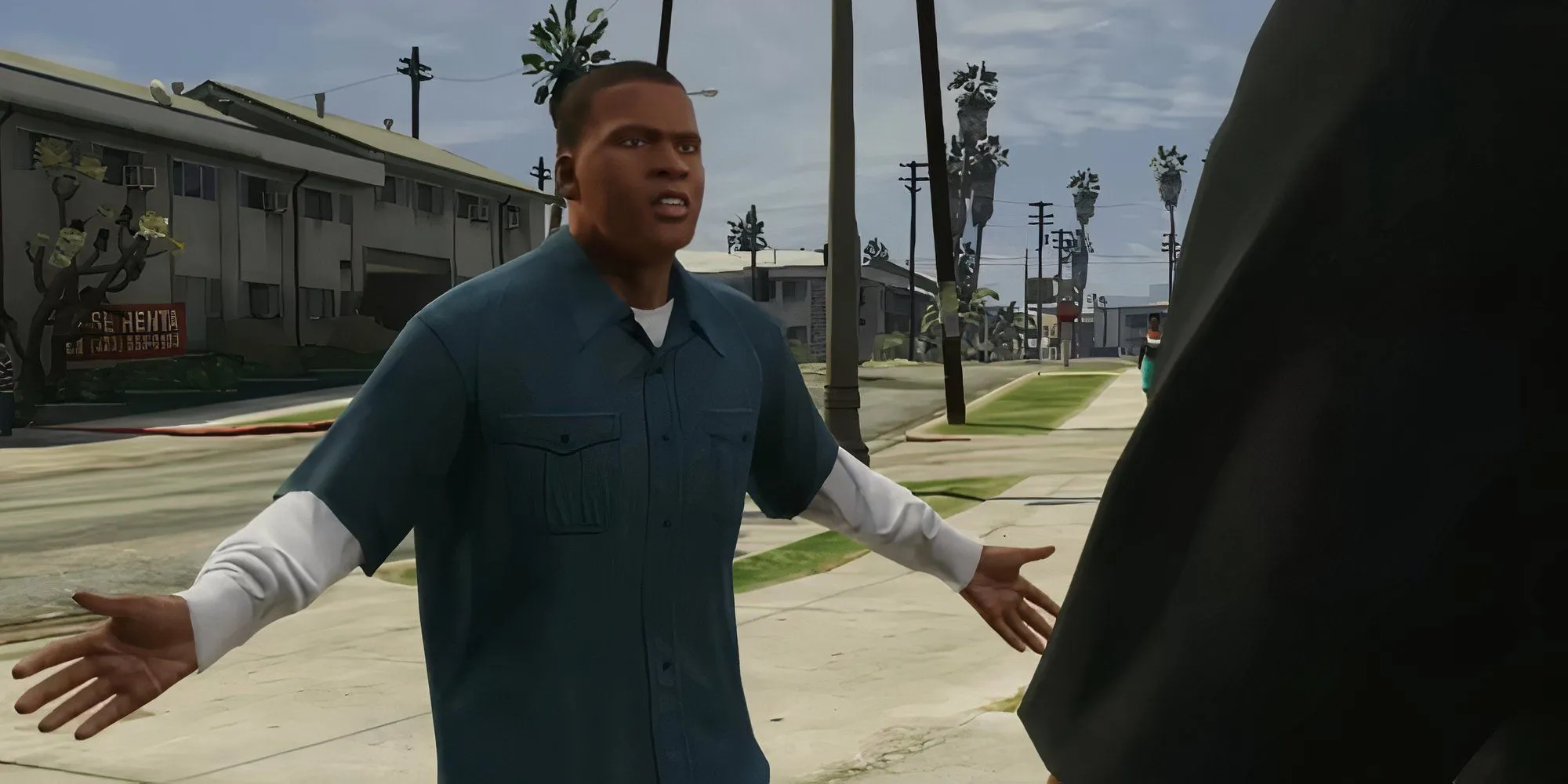 Franklin Clifton trong GTA 5 đang nói chuyện với người khác ngoài đường