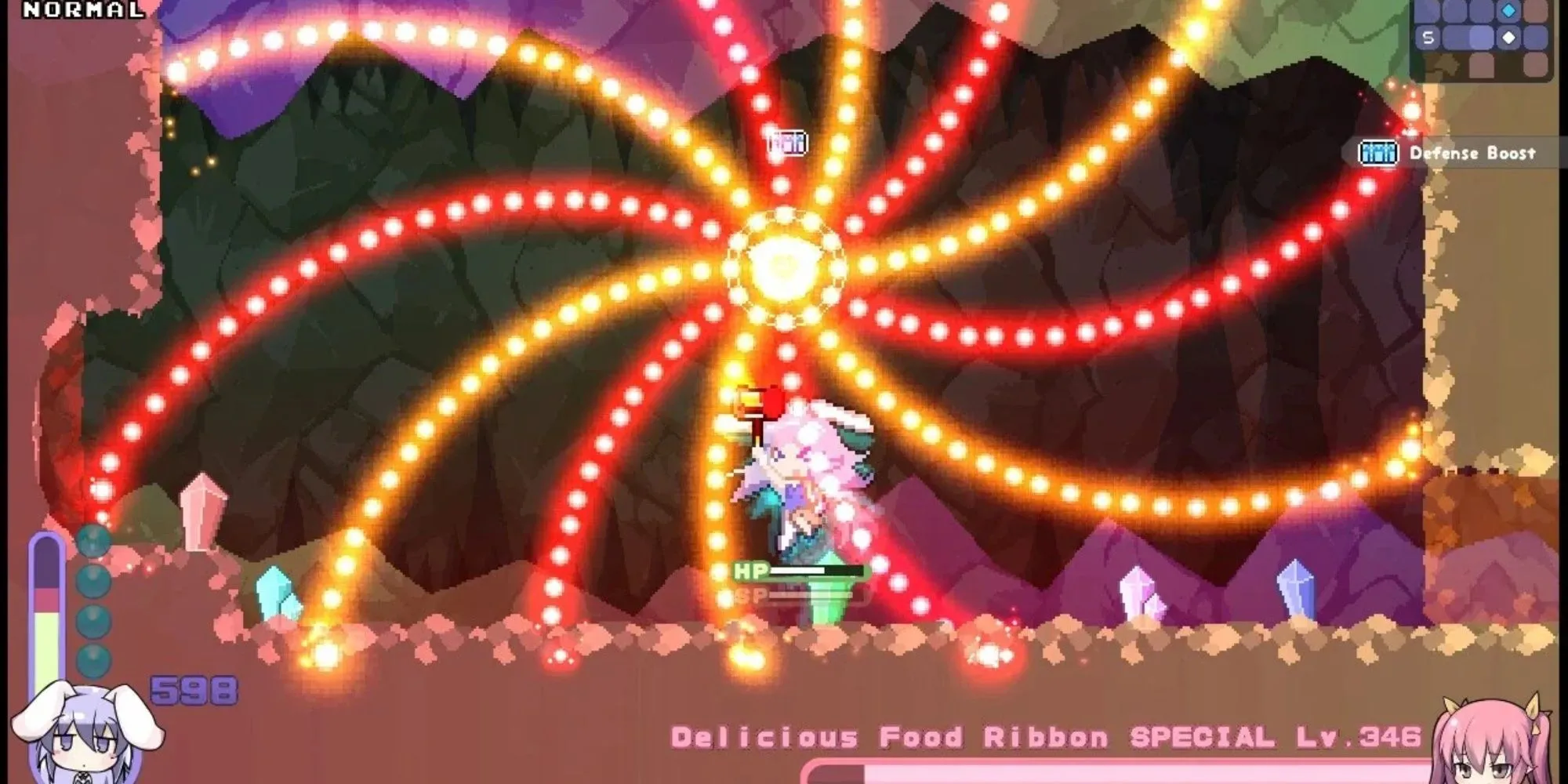Gameplay phong cách anime của Rabi-Ribi với nhân vật thỏ người né tránh luồng đạn