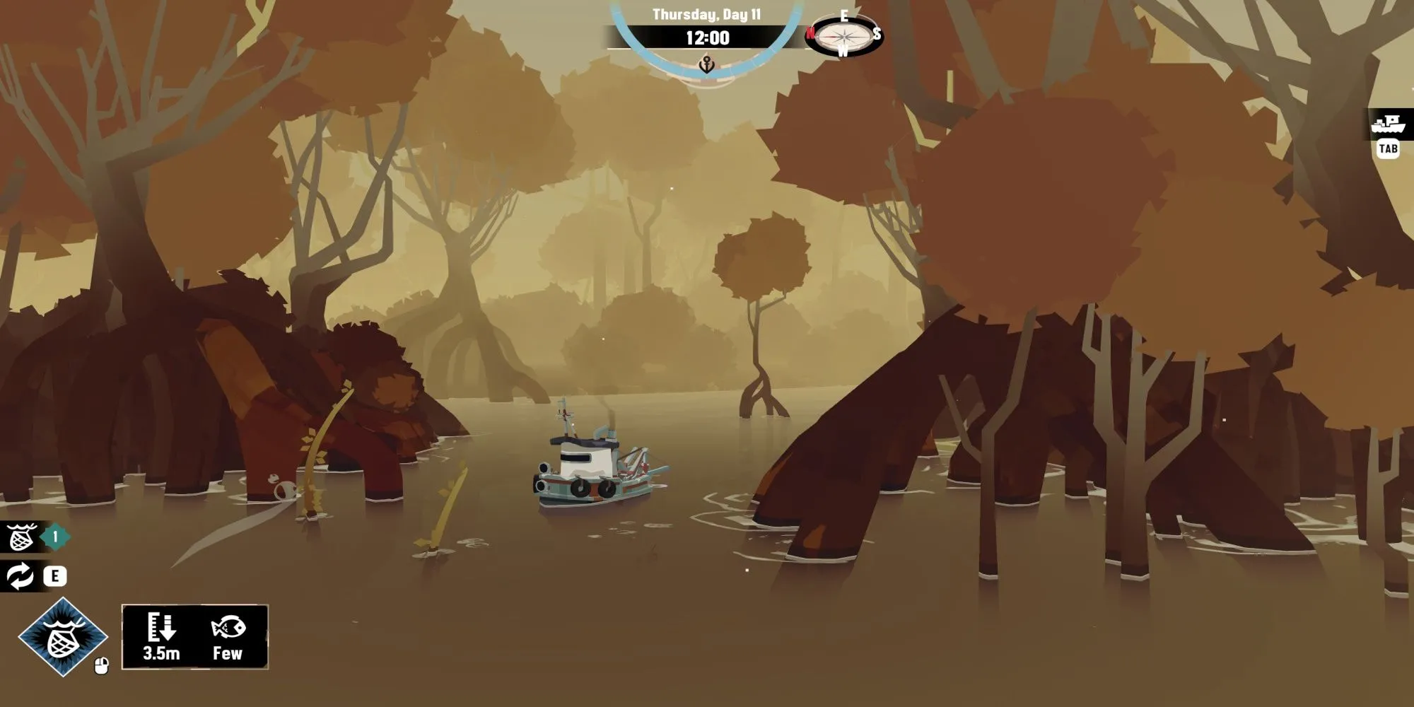 Giao diện câu cá và khám phá trên chiếc thuyền nhỏ trong game kinh dị Dredge.