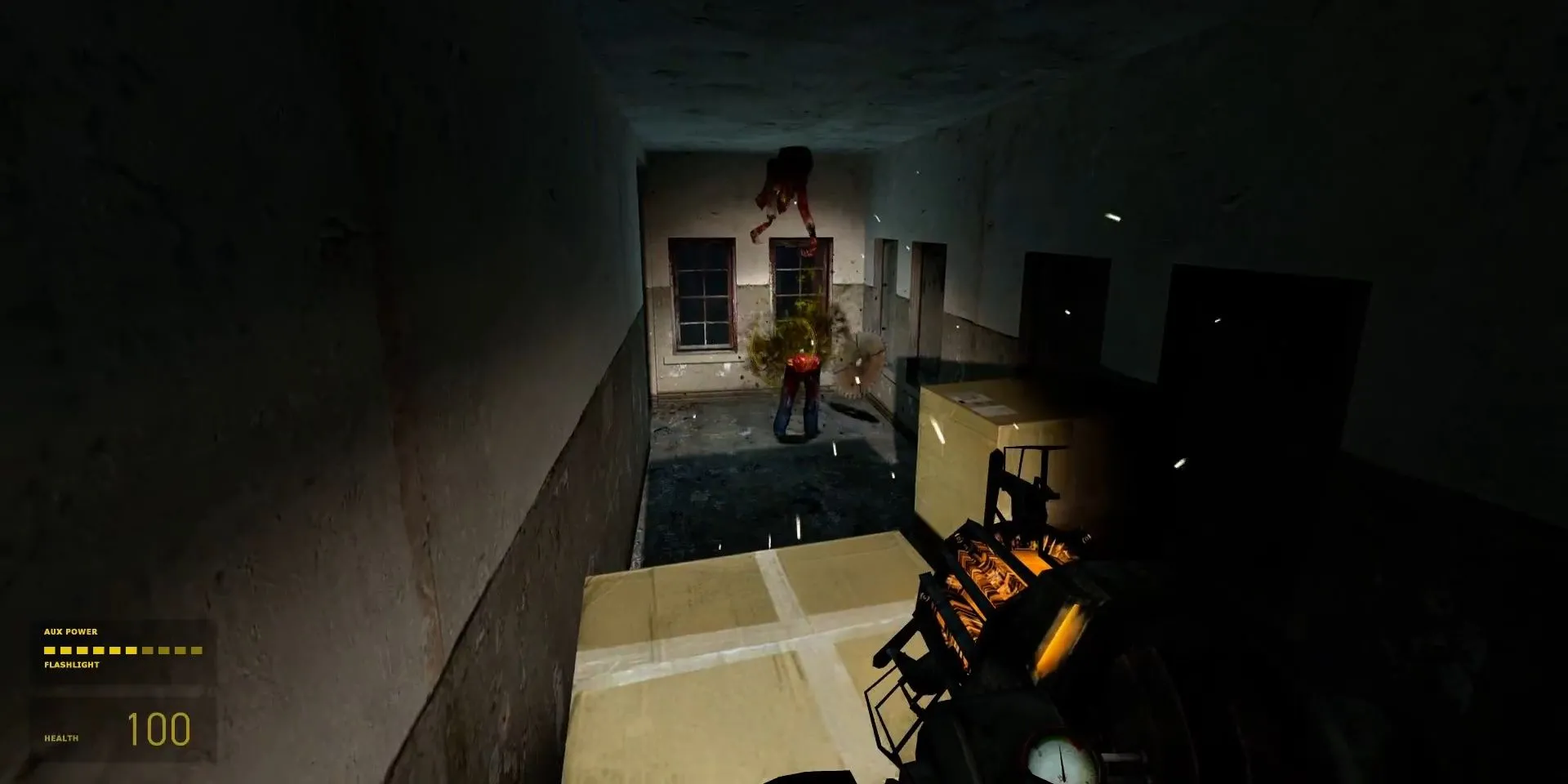 Gordon Freeman dùng Súng Trọng Lực (Gravity Gun) ném vật thể vào zombie trong Half-Life 2.
