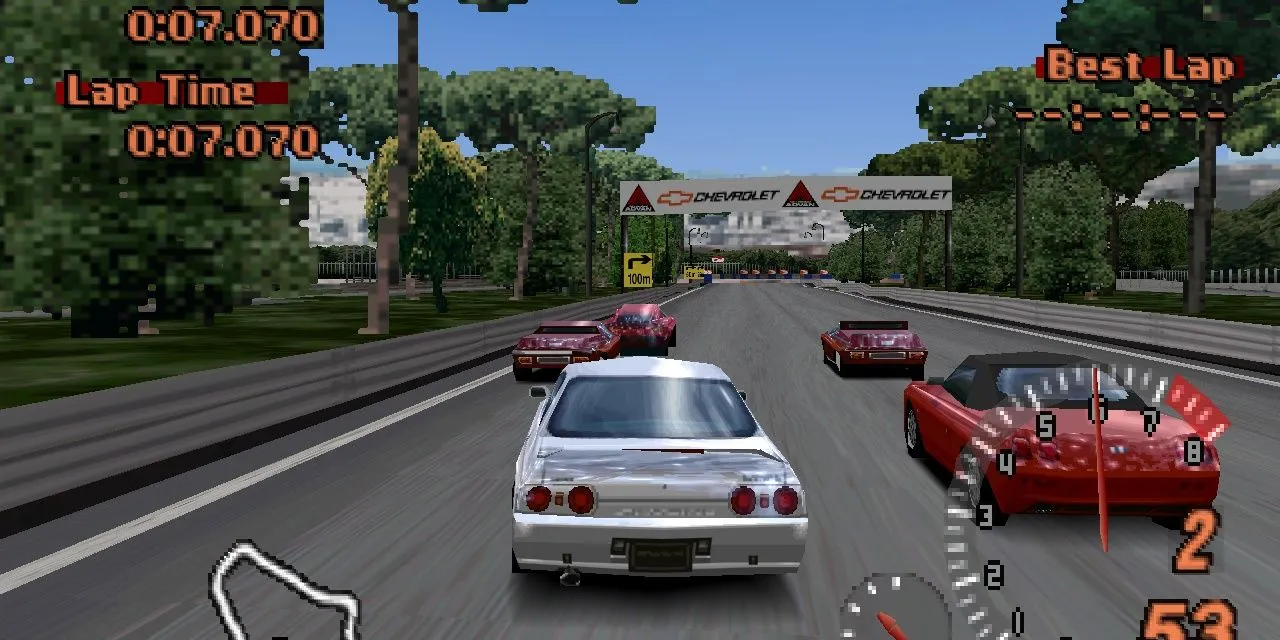 Hình ảnh gameplay Gran Turismo 2 trên PS1, minh họa lối chơi đua xe mô phỏng cổ điển của dòng game
