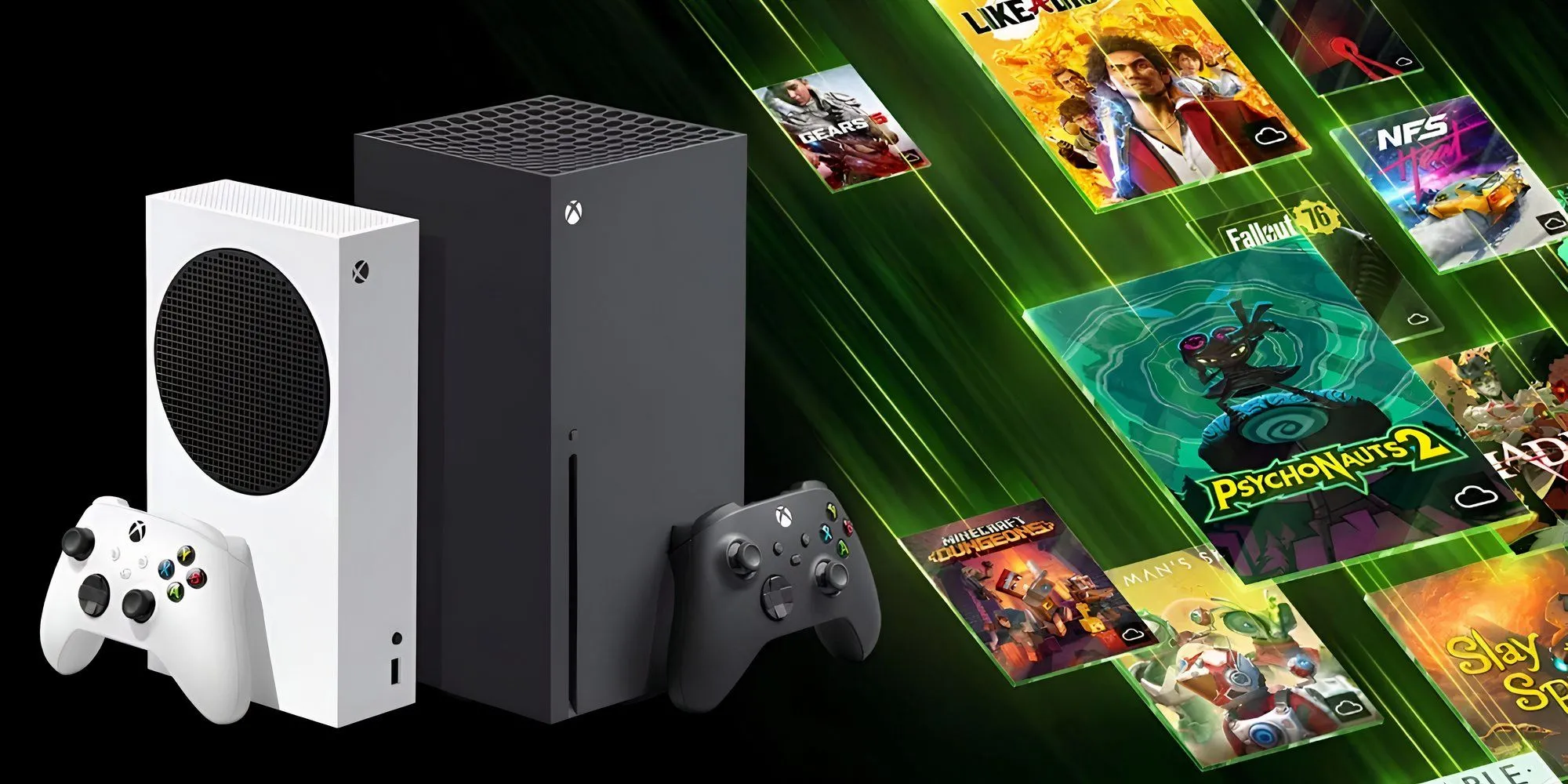 Hình ảnh máy console Xbox Series X và Series S đặt cạnh các đĩa game, thể hiện sự chuyển dịch chiến lược của Xbox từ phần cứng sang tập trung vào phần mềm và dịch vụ game.