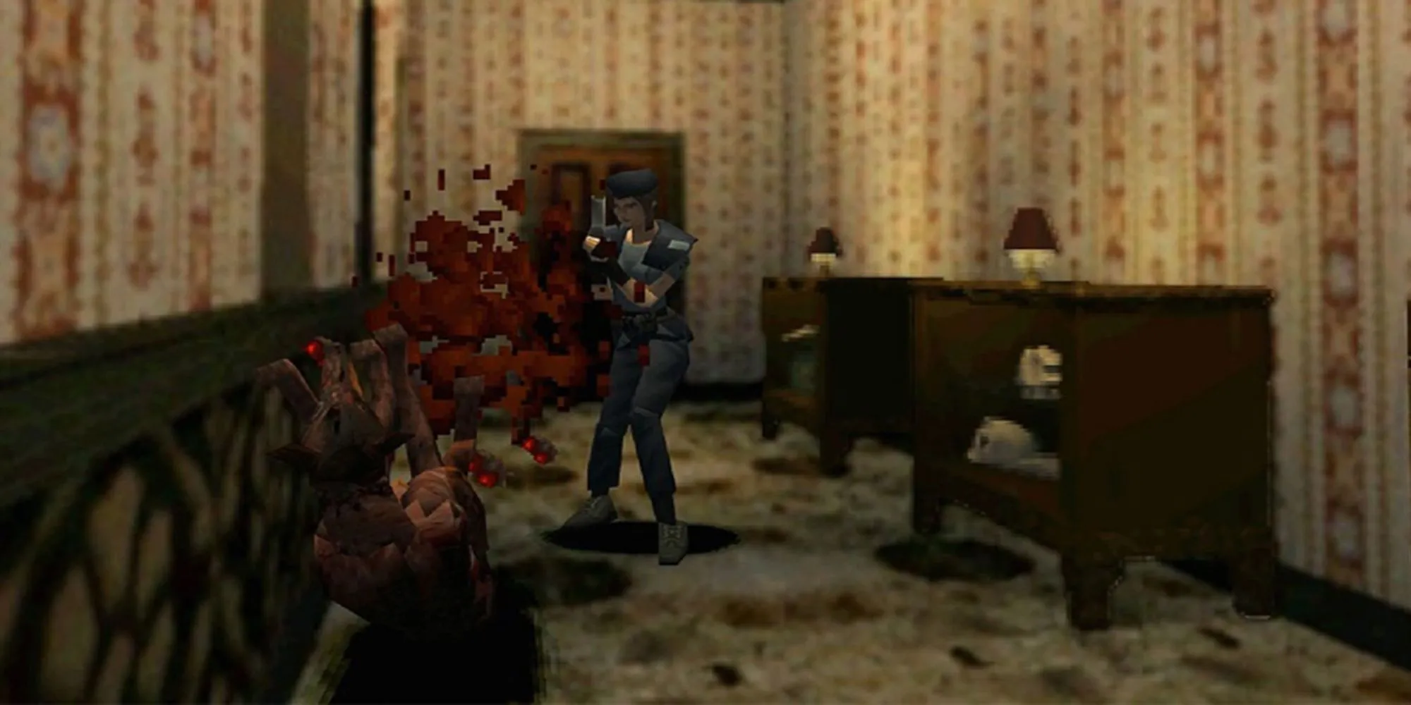 Hình ảnh trong bản remake Resident Evil năm 2002 cho GameCube, cho thấy đồ họa nền tĩnh chi tiết và góc camera cố định.