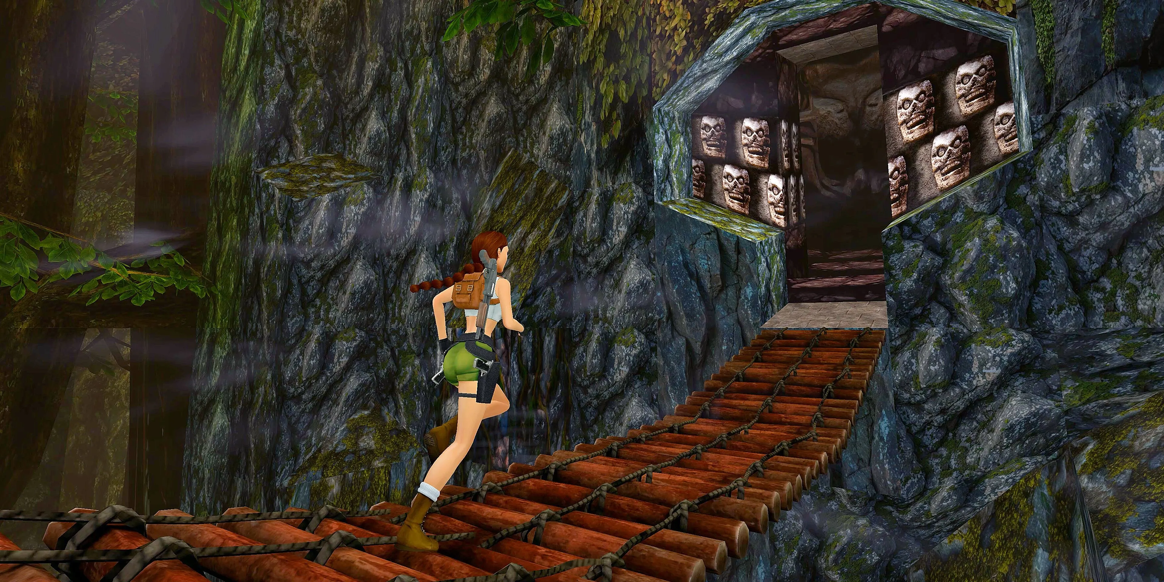 Lara Croft chạy dọc một cây cầu trong Tomb Raider I-III Remastered 2024, minh họa đồ họa được nâng cấp.