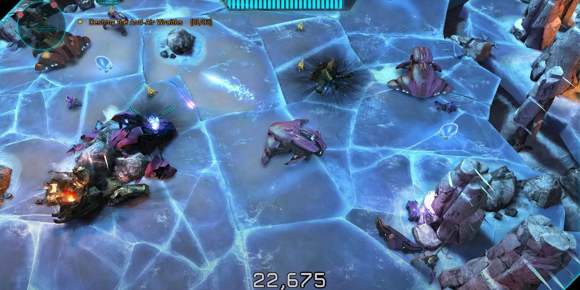 Lối chơi bắn súng góc nhìn từ trên xuống trong Halo Spartan Assault, chiến đấu với Grunt bằng xe Wraith