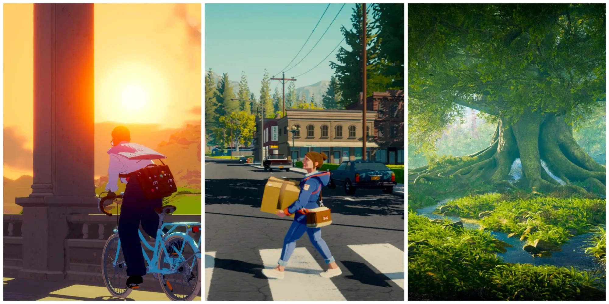 Minh họa các hoạt động trong game cozy như đạp xe, giao hàng và khám phá thế giới game rộng lớn.