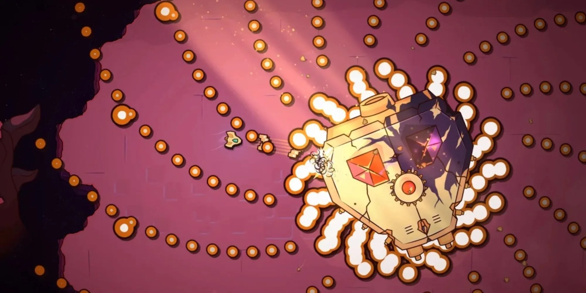 Minishoot Adventures gameplay từ góc nhìn từ trên xuống với nhân vật phi thuyền nhỏ chiến đấu giữa đạn