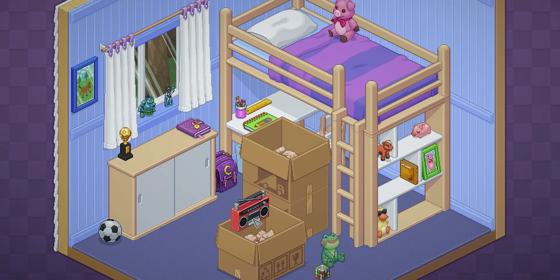 Mở hộp đồ trong căn phòng ngủ, hình ảnh từ game Unpacking