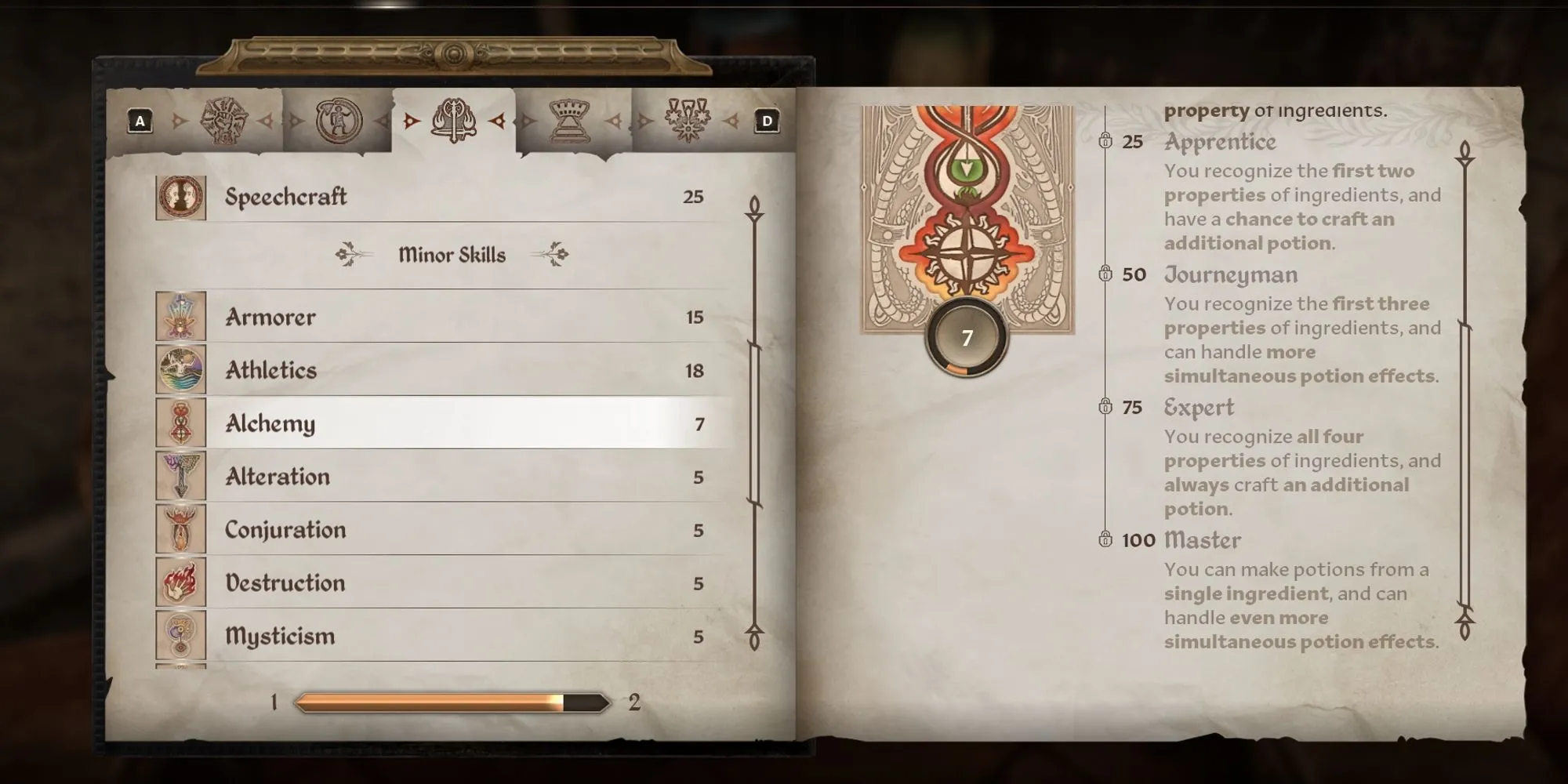 Mô tả các cấp độ kỹ năng Giả Kim Thuật (Alchemy skill) trong Oblivion Remastered.