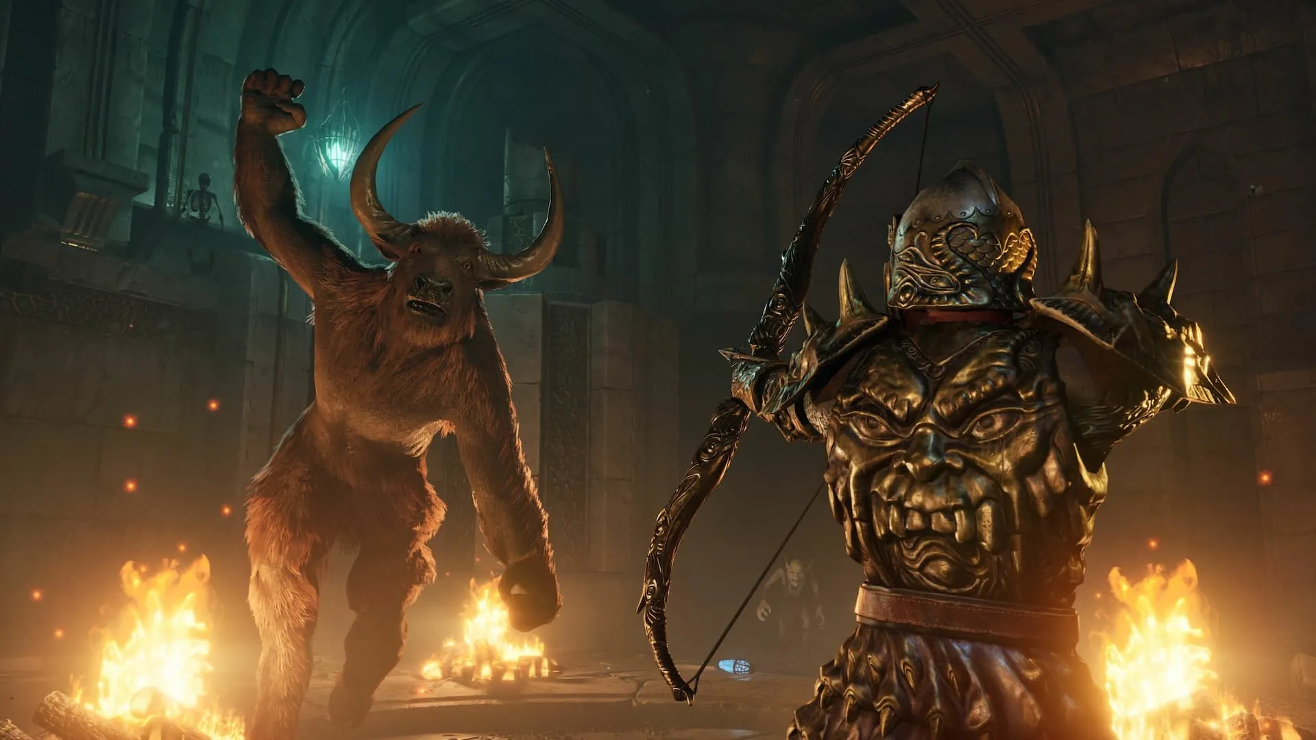 Một con Minotaur hung dữ lao tới người chơi trong bối cảnh rừng cây của Oblivion Remastered