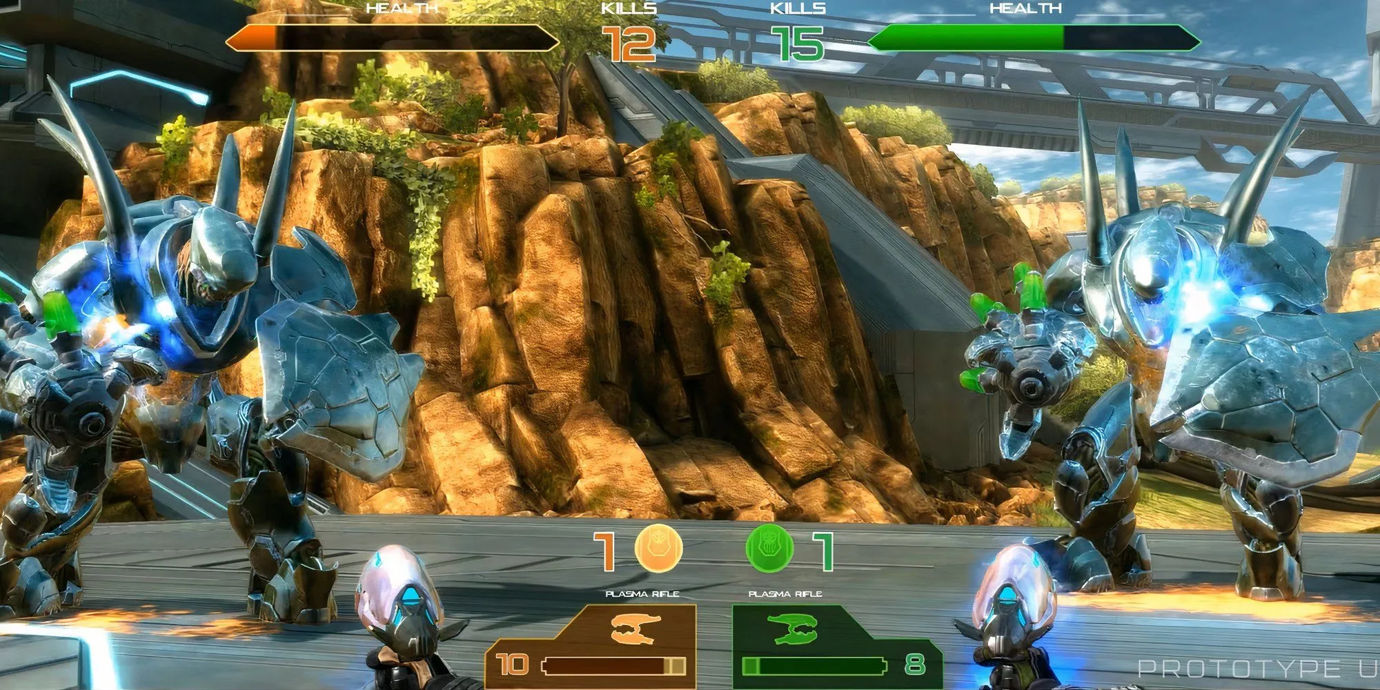 Người chơi bắn Hunter bằng súng Plasma trong game arcade Halo Fireteam Raven