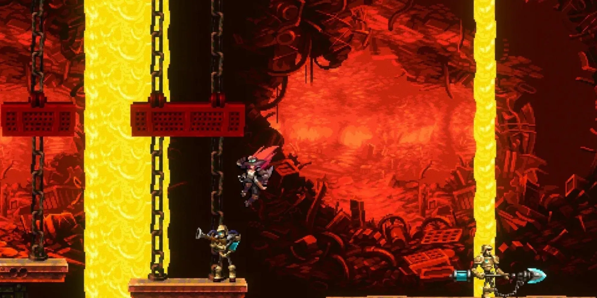 Nhân vật chính chiến đấu với boss nhện máy khổng lồ trong Gestalt Steam &amp; Cinder