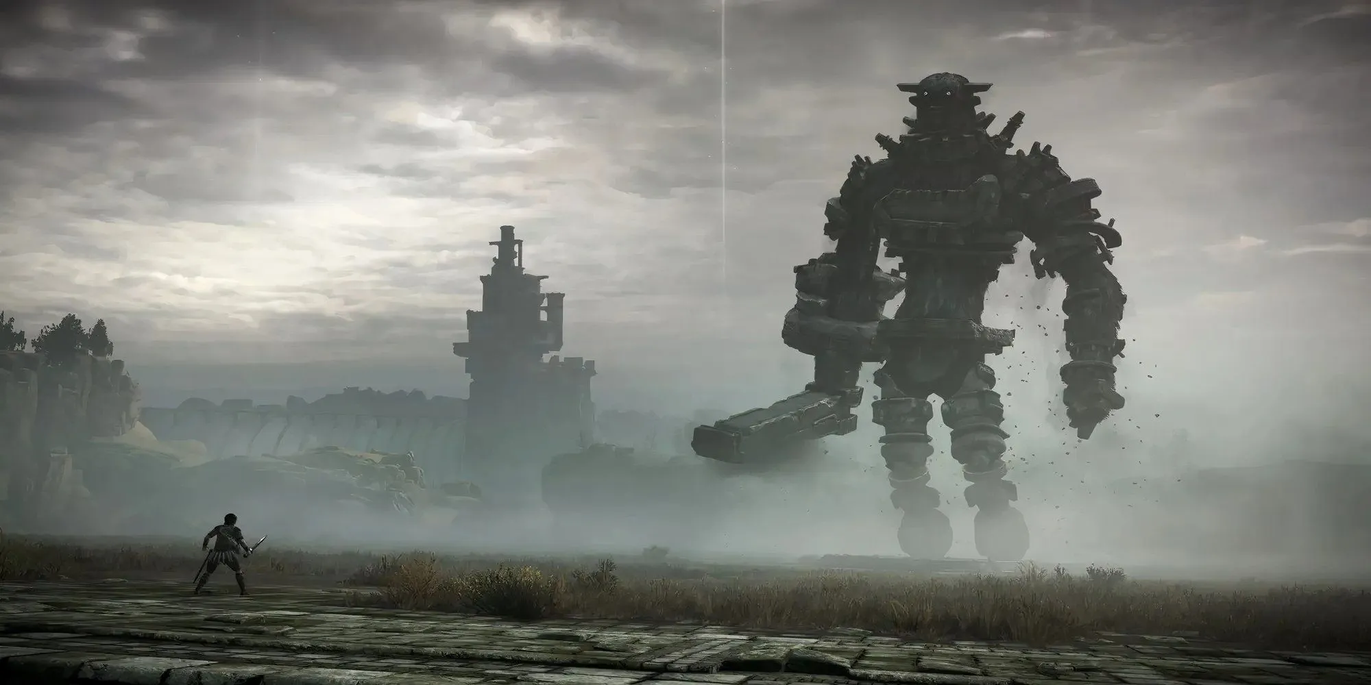 Nhân vật chính Wander đối đầu với một trong những Colossus khổng lồ trong Shadow of the Colossus