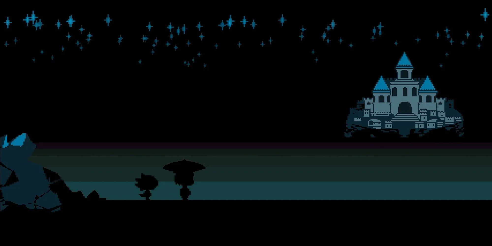 Nhân vật Frisk và Monster Kid trên đường đi qua vùng Waterfall trong game Undertale.