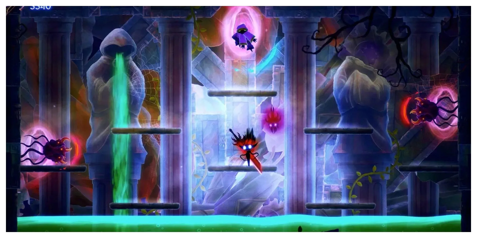 Nhân vật Gloom Girl điều khiển thanh kiếm Doomblade bay xuyên qua màn chơi