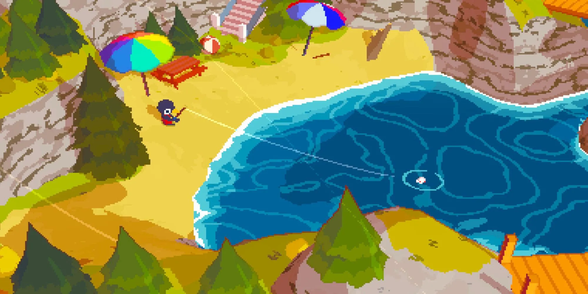 Nhân vật khám phá và câu cá bên bờ biển trong game A Short Hike.