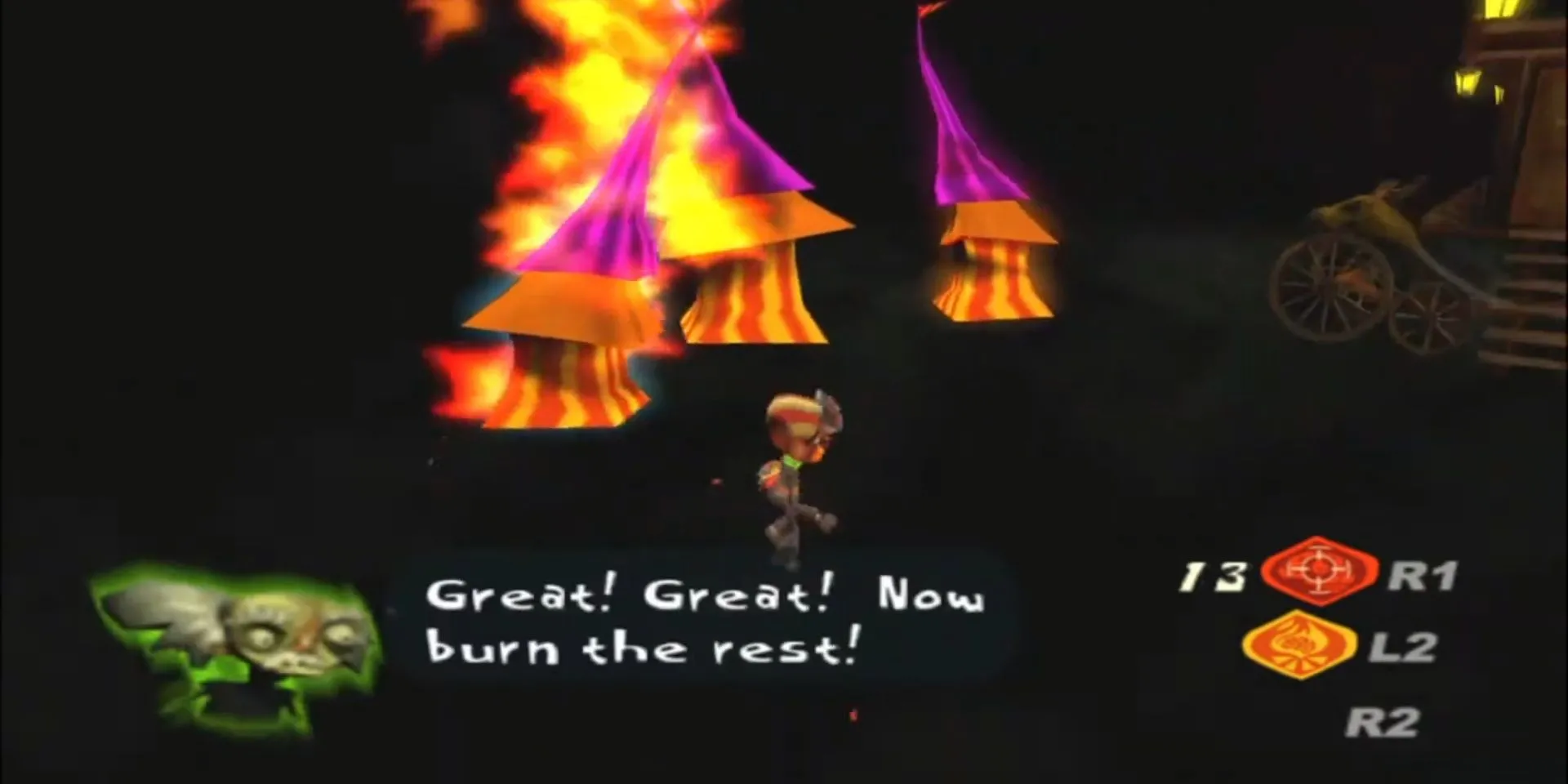 Nhân vật Raz dùng sức mạnh tâm linh (Pyrokinesis) để phá đồ vật trong game Psychonauts.