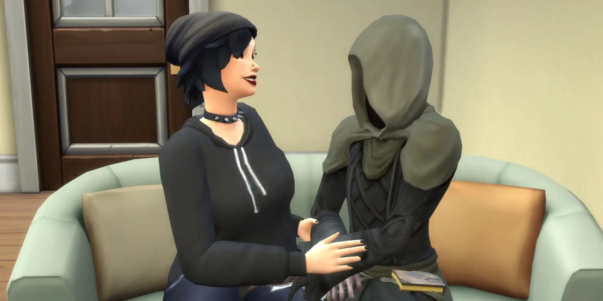Nhân vật Thần Chết (Grim Reaper) trong The Sims đang tương tác với một Sim khác