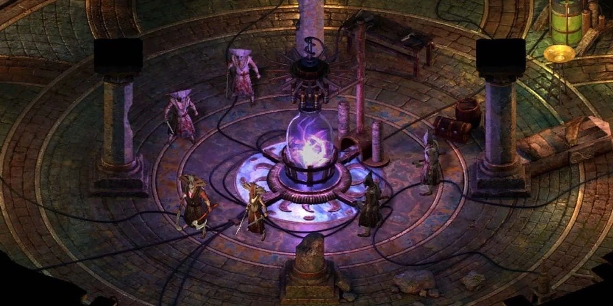 Nhóm nhân vật khám phá cỗ máy cổ xưa trong thế giới phong phú của Pillars of Eternity
