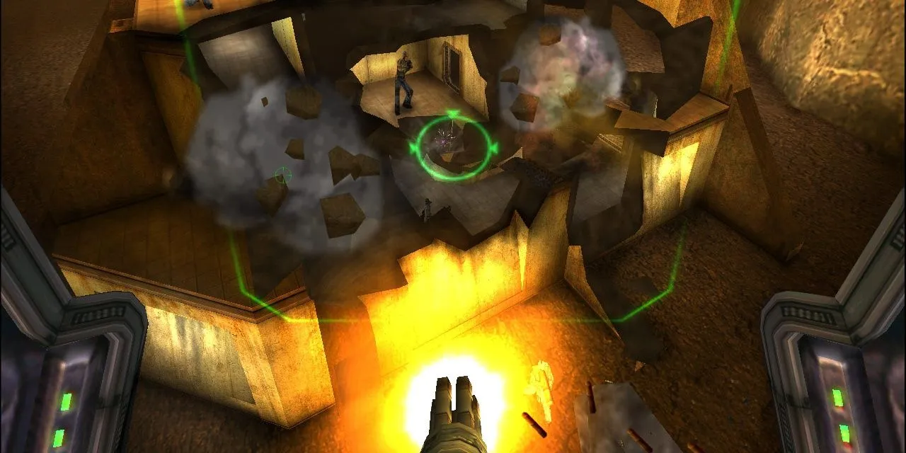 Phá hủy địa hình bằng súng minigun, minh họa engine GeoMod của Red Faction.
