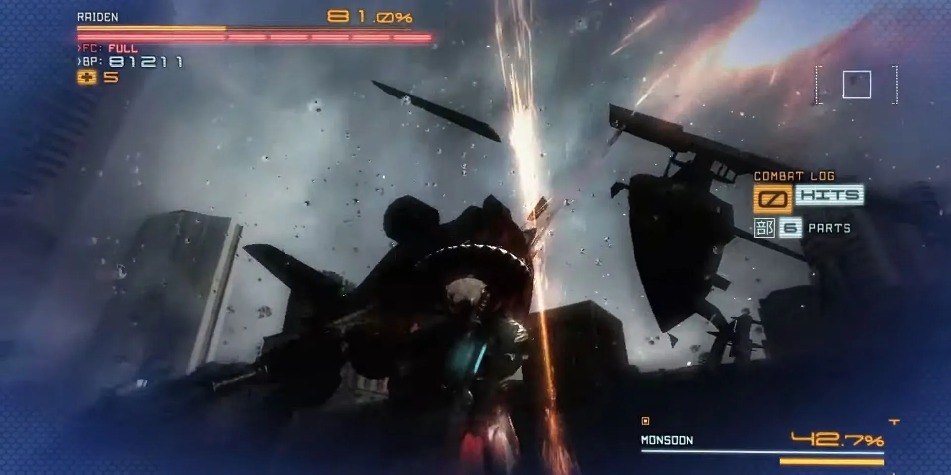 Raiden dùng Blade Mode chém nát trực thăng trong game Metal Gear Rising: Revengeance.