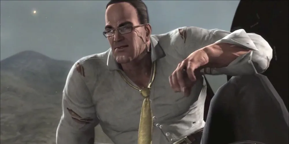 Senator Armstrong ngồi trên ghế, thể hiện vẻ uy nghiêm và thách thức trong Metal Gear Rising Revengeance
