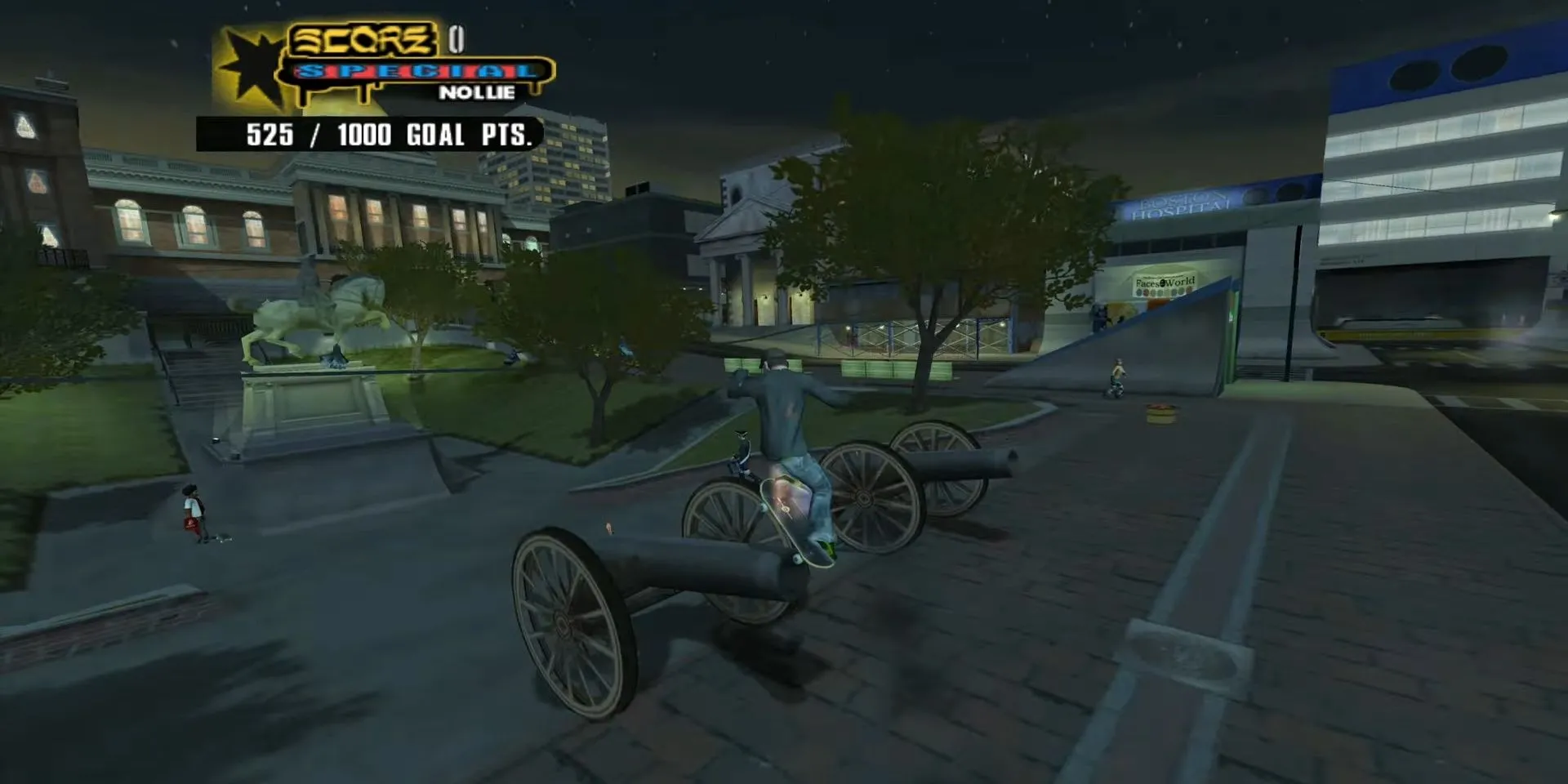 Skater thực hiện cú grind trên đại bác với ván trượt bốc cháy trong Tony Hawk's Underground 2.