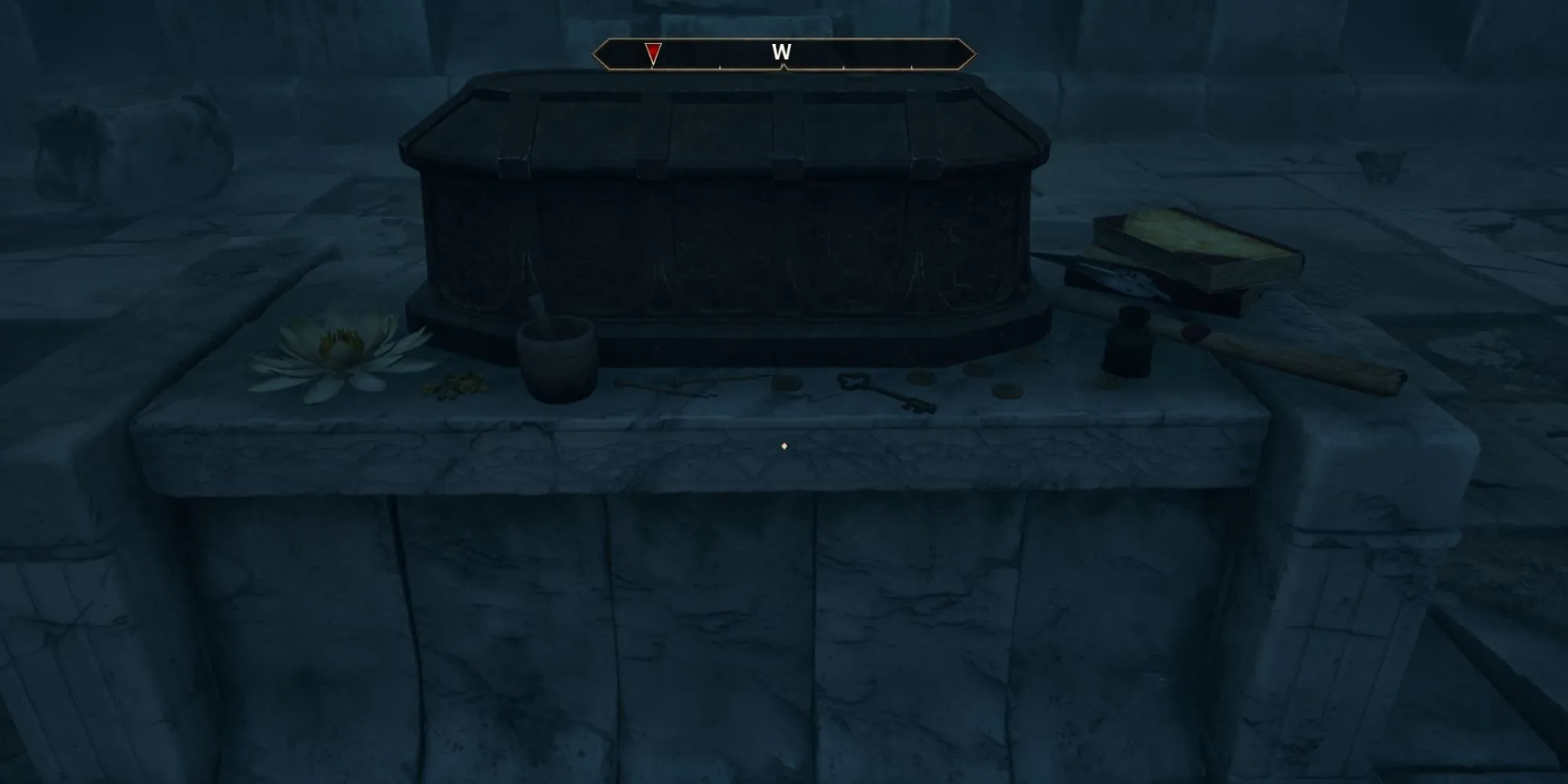 Tìm thấy Cối và Chày (Mortar and Pestle) cùng sách Giả Kim Thuật trong một ngục tối của Oblivion Remastered.