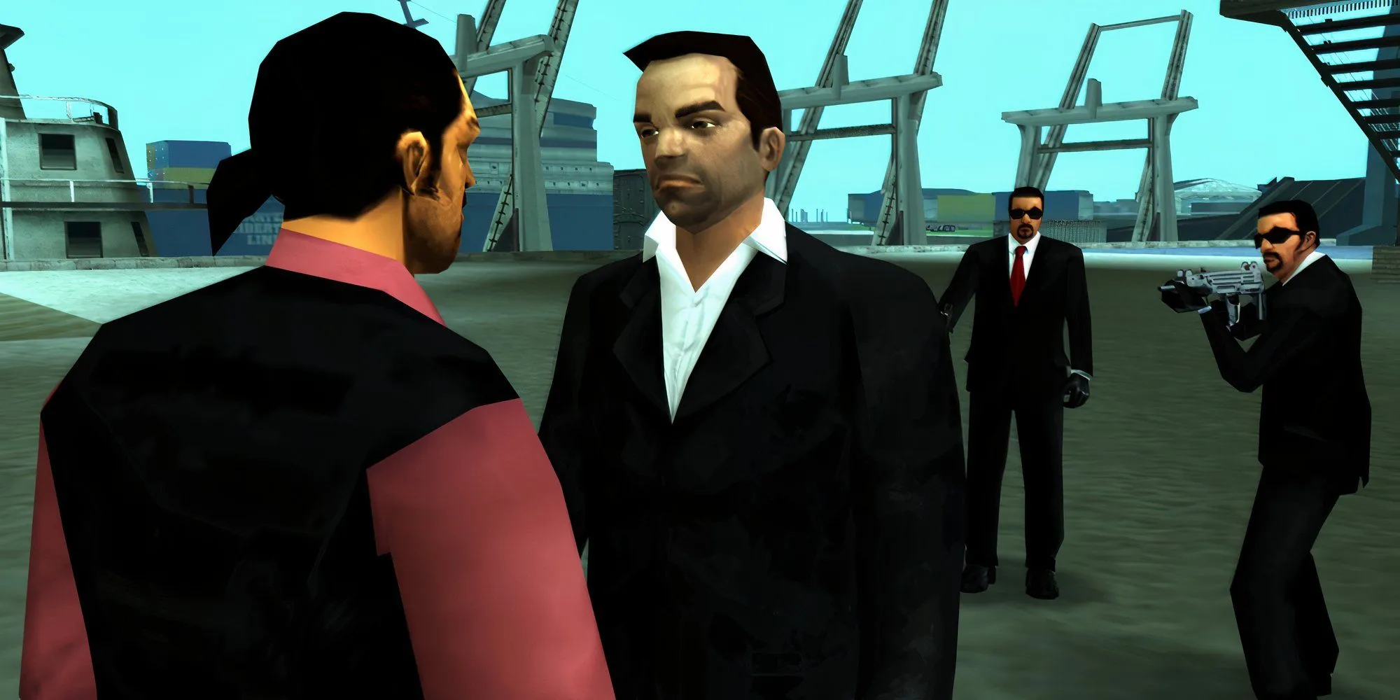 Toni Cipriani trong GTA Liberty City Stories đang nói chuyện, xung quanh có súng ống