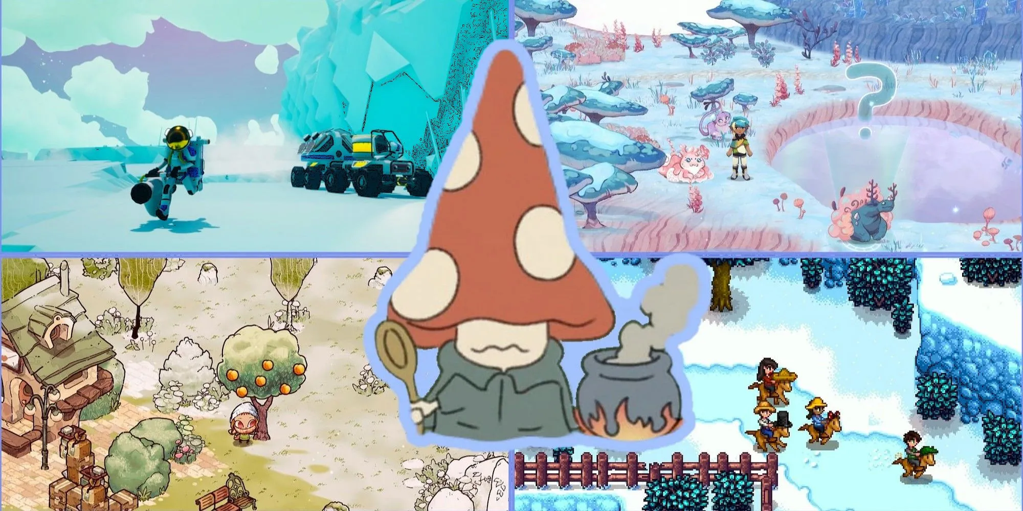 Tuyển tập ảnh minh họa các tựa game cozy được yêu thích với gameplay thư giãn và giá trị chơi lại cao, như Stardew Valley và Cozy Grove - thể loại mà Hello Kitty Island Adventure cũng thuộc về