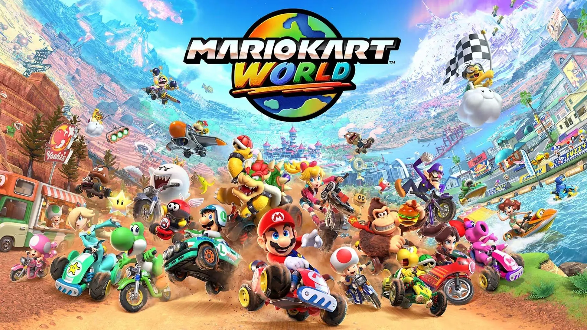 Cảnh gameplay đông vui với nhiều nhân vật đang đua xe trong Mario Kart World