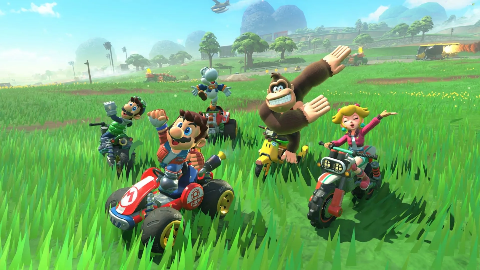 Một cuộc đua gay cấn giữa các tay đua trên đường đua của Mario Kart World