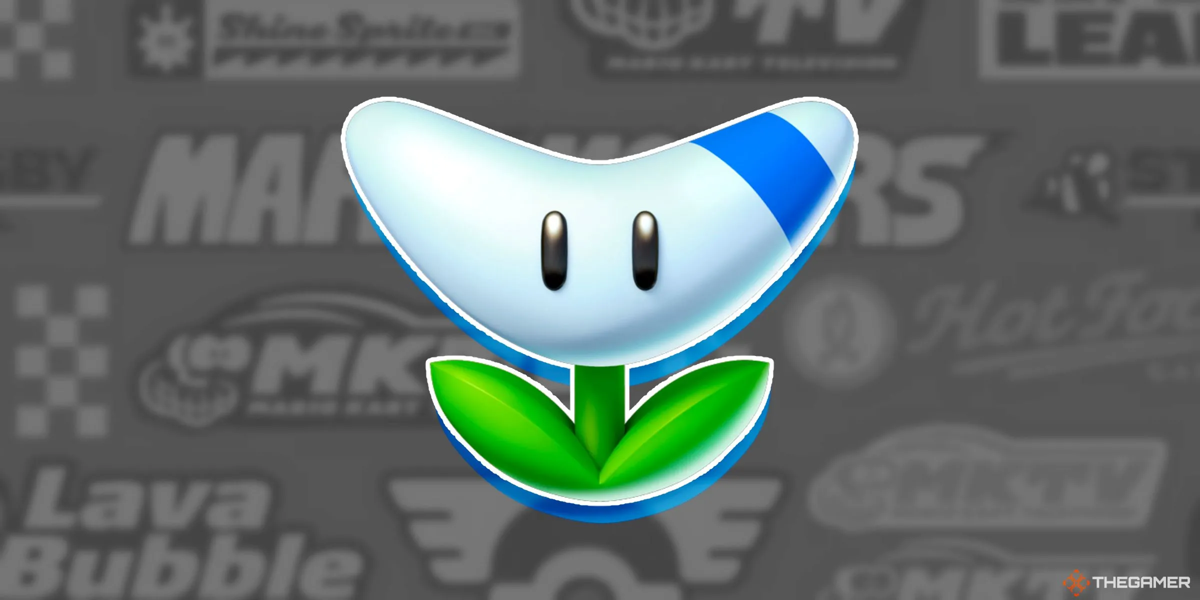 Render cận cảnh vật phẩm Hoa Bumerang trong Mario Kart World, nền là các logo nhà tài trợ