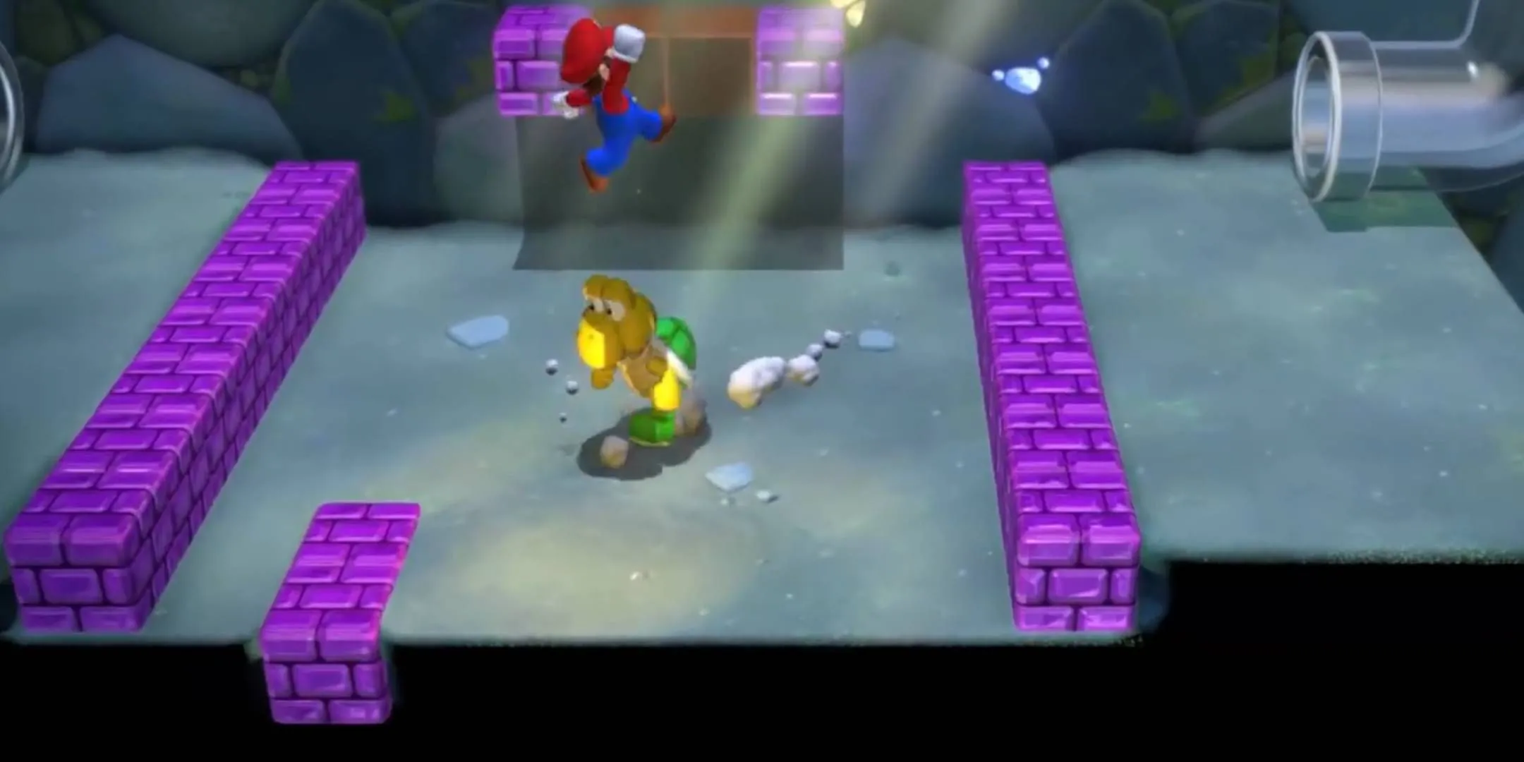 Super Mario nhảy lên đầu một Koopa Troopa trong Super Mario 3D World.
