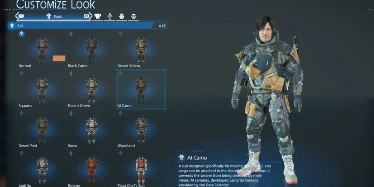 AI Camo Suit là bộ trang phục tối thượng giúp Sam vô hình trước bẫy mìn, cực kỳ hữu ích cho việc đi qua các khu vực nguy hiểm trong Death Stranding 2