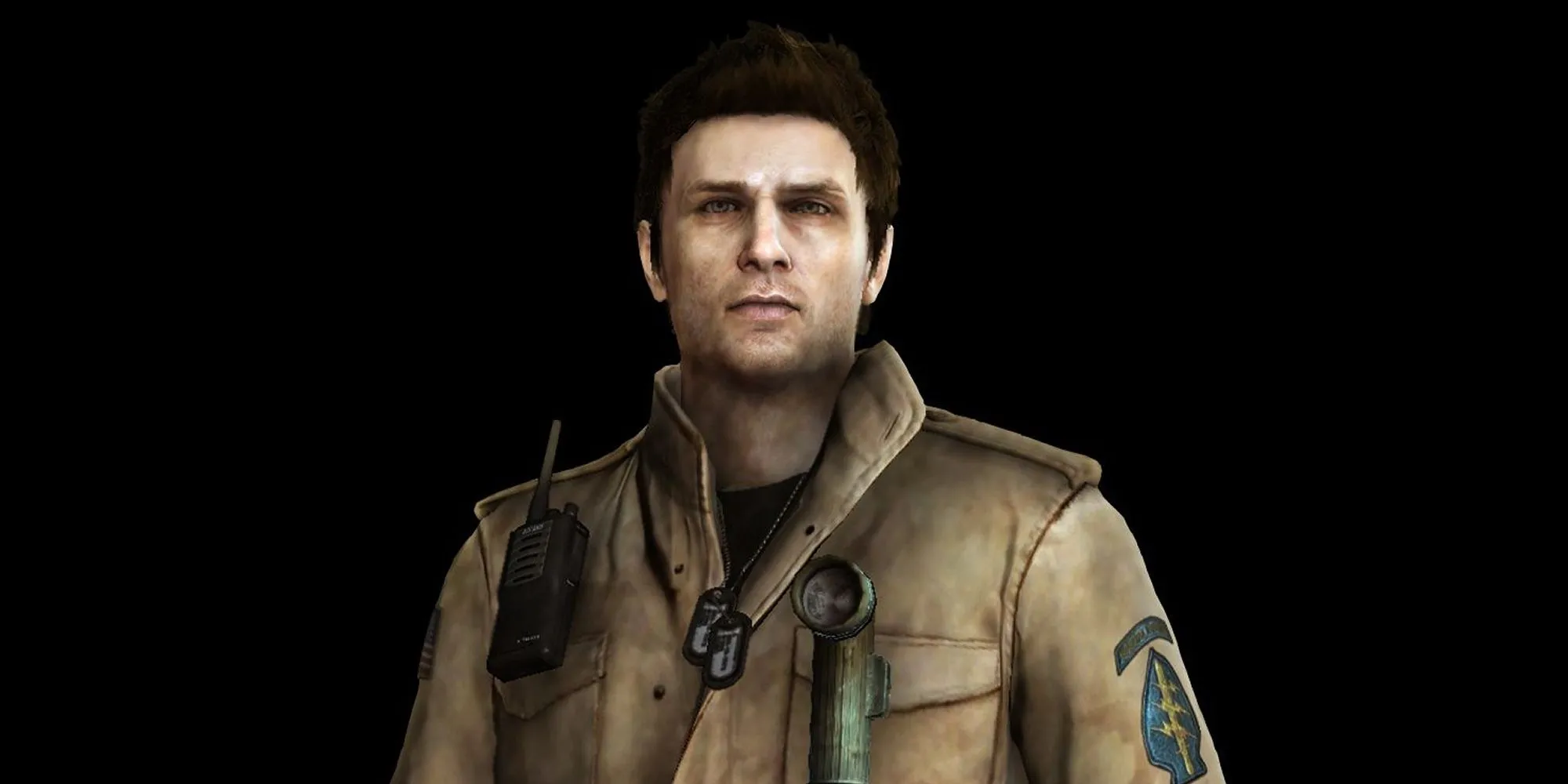 Alex Shepherd với ánh mắt kiên định trong Silent Hill Homecoming, biểu hiện sự điềm tĩnh và bản lĩnh quân đội