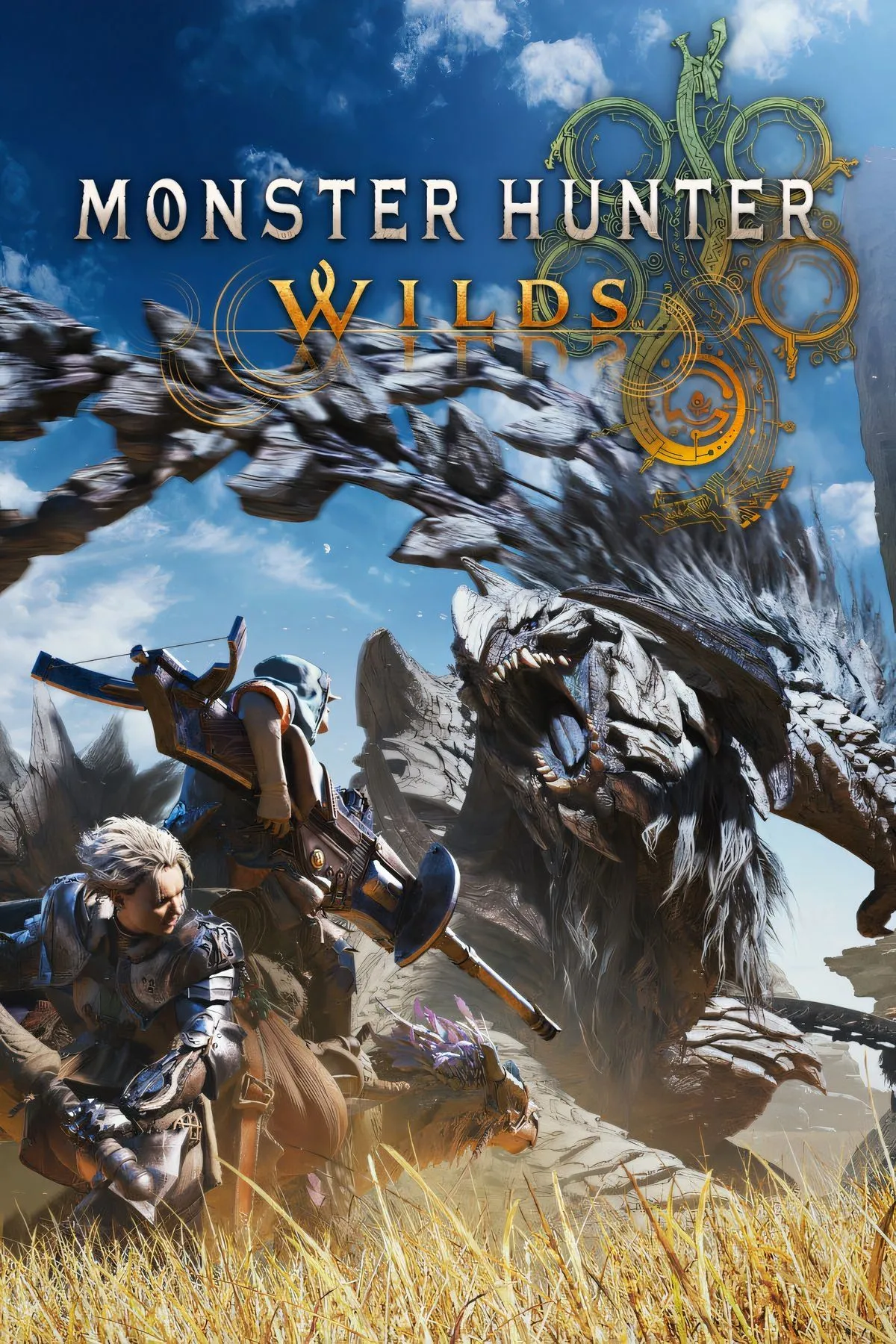 Ảnh bìa tag page của Monster Hunter Wilds, cho thấy cảnh nhân vật đứng trên lưng quái vật bay