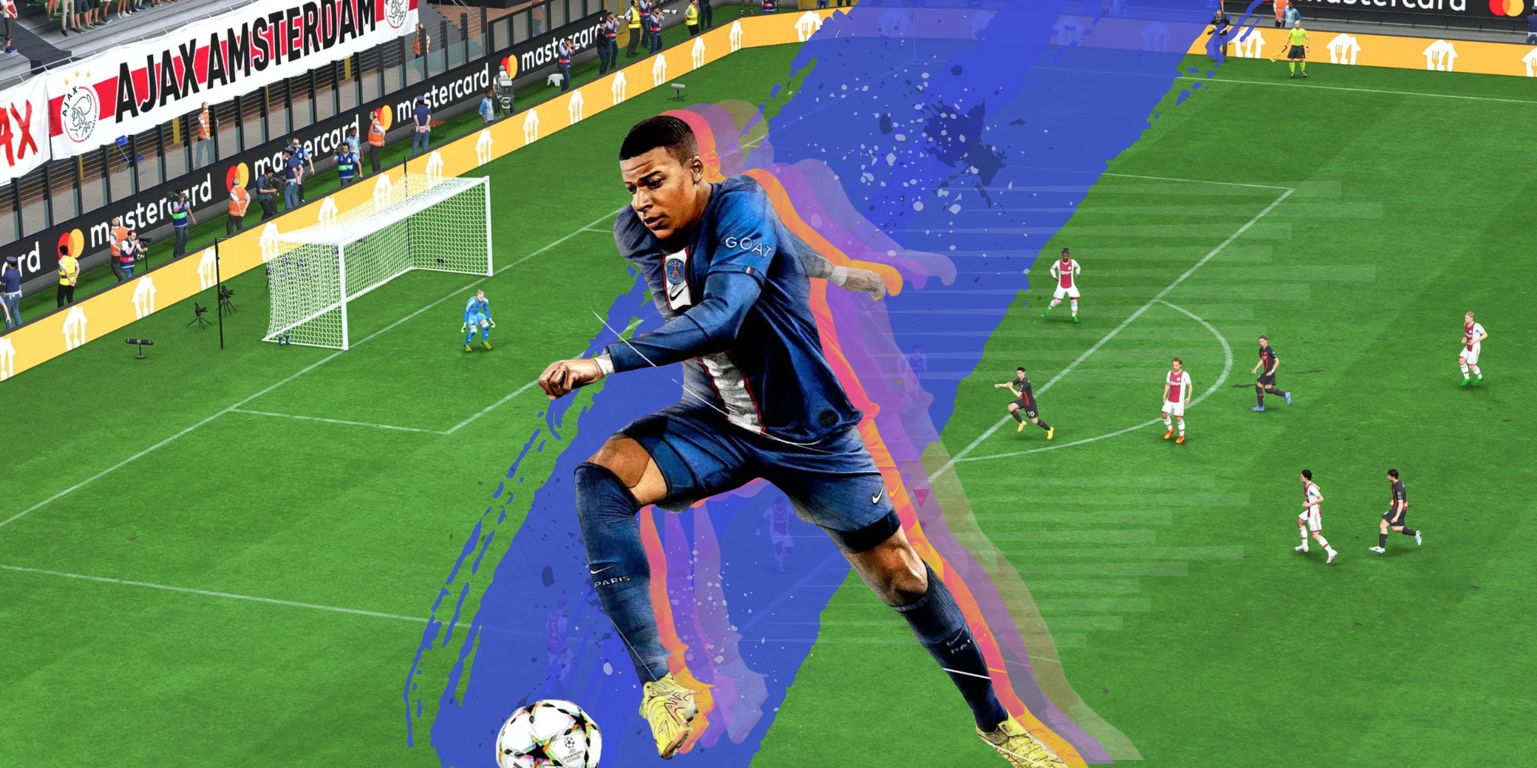 Ảnh cắt ghép minh họa game bóng đá EA Sports FC với cầu thủ và khung cảnh sân vận động