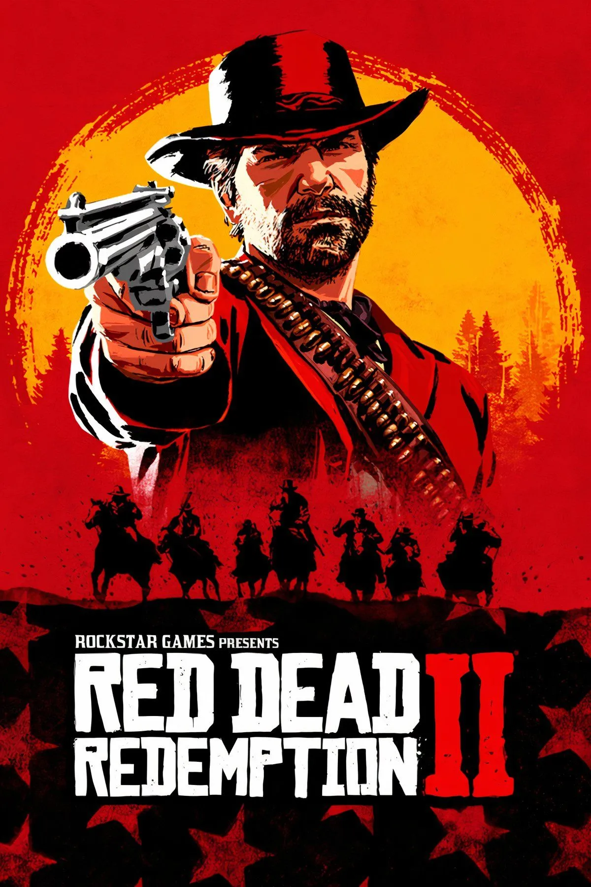 Arthur Morgan trên lưng ngựa, súng đã lên đạn, đối mặt với một cảnh tượng đầy kịch tính trong Red Dead Redemption 2.
