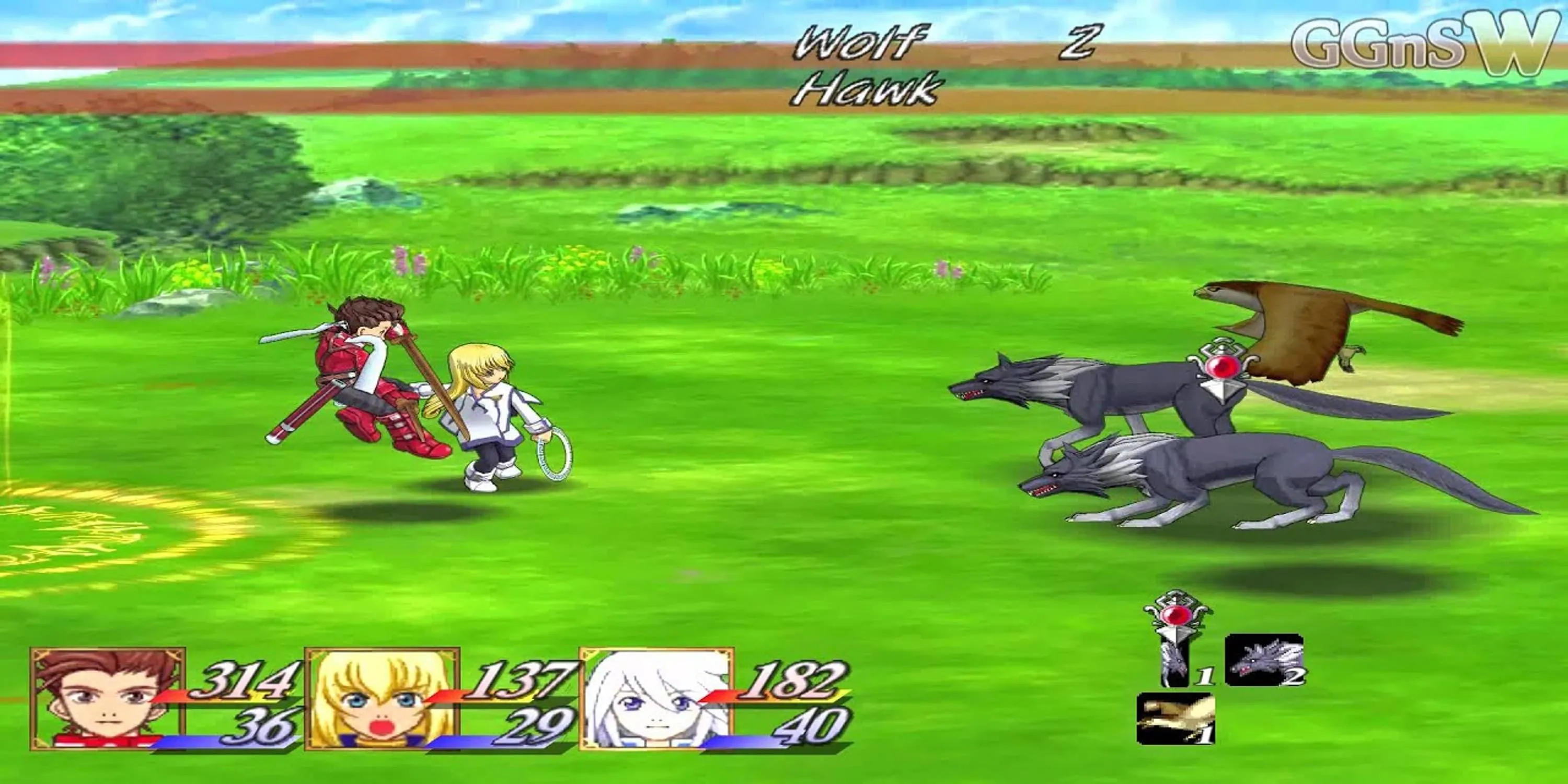 Ba nhân vật chiến đấu với sói và chim ưng trong Tales of Symphonia, mô tả hệ thống Linear Motion Battle