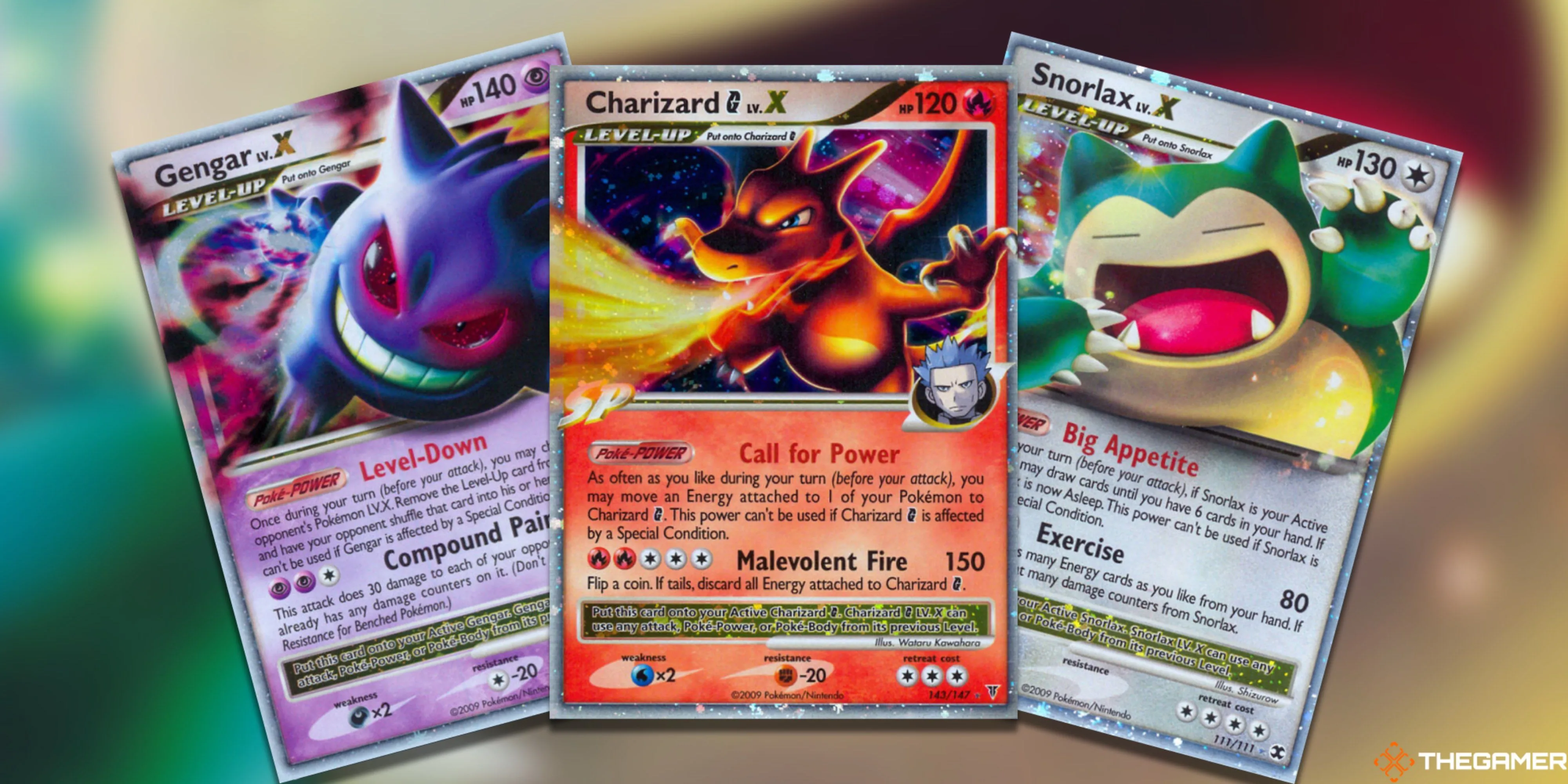 Ba thẻ bài Pokemon TCG LV.X quý hiếm: Gengar, Charizard G và Snorlax, biểu tượng sức mạnh chiến thuật.