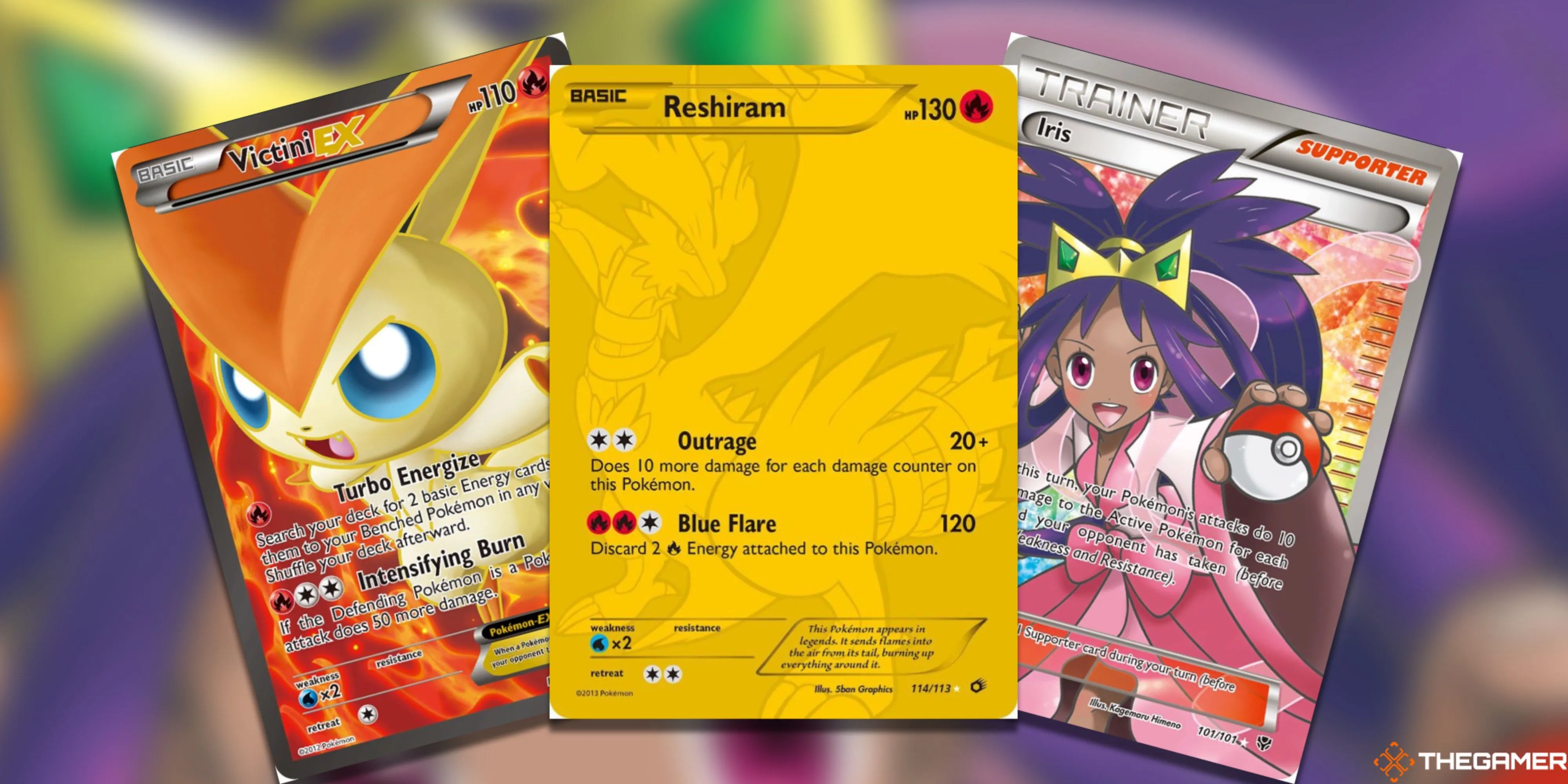 Ba thẻ bài Pokemon TCG nổi bật từ vùng Unova: Victini EX, Reshiram và Iris, minh họa sự đa dạng và giá trị của các bộ bài sau này.